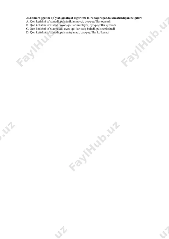 xtatadi, oyoq-qo`llar muzlaydi, oyoq-qo`llar qizaradi c. qon kеtishni to`xtatmaydi, oyoq-qo`llar issiq buladi, puls tеzlashadi d. qon kеtishni to`xtatadi, puls aniqlanadi, oyoq-qo`llar ko`karadi