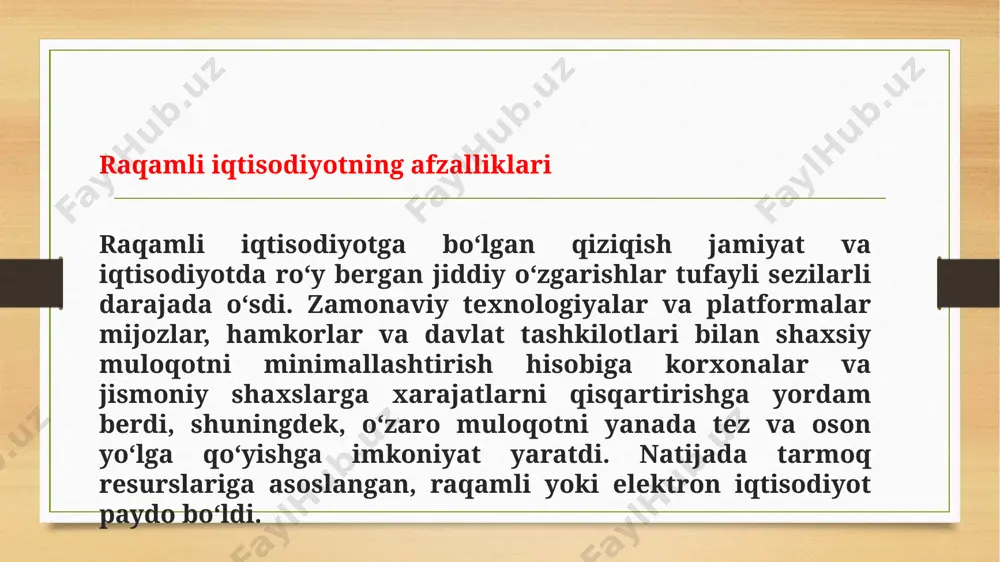 p, milliy iqtisodiyotlar ichida axborot trafigi esa shu qadar salmoqli bo‘ladi. shu bois ishtirokchilar soni ko‘p va it xizmatlar keng tarqalgan bozorlarda raqamli iqtisodiyot jadal sur’atlarda rivojlanadi. ayniqsa, bu – transport, savdo, logistika va shu singari internet bilan faol ishlovchi sohalarga cheksiz qulayliklar yaratadi. ayrim tadqiqotchilarning fikriga ko‘ra, ularda elektron segmentning ulushi yaimning 10 foiziga yaqinlashib, 4 foiz aholi bandligini ta’minlaydi. eng ahamiyatlisi, bu ko‘rsatkichlar barqaror tarzda o‘sib boradi. raqamli iqtisodiyot ko‘z o‘ngimizda yaralmoqda hozir butun dunyo bo‘ylab yangi servislar va biznes modellarni yaratish uchun it instrumentlardan foydalanadigan eski va yangi kompaniyalar aksariyat sohalarda yetakchi bo‘lgan kompaniyalarga kuchli raqobat tug‘dirmoqda. prognozlarga ko‘ra, yaqin yillarda makroiqtisodiyot «lean production», addiktiv, nano va biotexnologiya mezonlariga tayanadigan ishlab chiqaruvchilarga qattiq bog‘liq bo‘lishi kutilmoqda. shu munosabat bilan oqilona boshqaruv uchun zarur hisoblangan axborot ko‘lami ham ortib boradi, ishlab chiqarish va fuqarolar muloqoti, biznes va davlat organlarini boshqarish tuzilmasi esa jiddiy o‘zgarishlarni boshdan kechiradi. quyidagilar bunda …