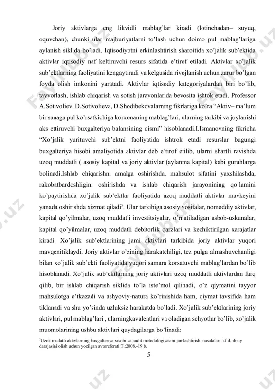ti kechiktirilgan xarajatlarning joriy qismini qo’shish maqsadga muvofiq. amaldagi 1-sonli “hisob siyosati va moliyaviy hisobot “ nomli bhms6ning 69.2.-bandiga asosan joriy aktivlarga quydagicha ta’rif etilgan:”asosan qayta takroriy sotish maqsadida yoki qisqa muddatda ushlab turilgan bo’lsa va undan hisobot vaqtidan keyngi 12 oy mobaynida foydalanish kutilayotgan bo’lsa, bunday hollarda u joriy aktiv sifatida taklif etilishi lozim “ deb izohlangan . bizningcha, joriy aktivlarga berilgan mazkur ta’rif ham uning mohiyatini to’la ochib beraolmagan. ishlab chiqarish uzluksizligini ta’minlash uchun xo’jalik sub’ekti tasarrufida bor bo’lgan resurslar zahirasiga, shuningdek, ularning normadan ortiqcha to’planib qolmasligiga ahamiyat berish lozim. aks xolda mablag’larning aylanuvchanligi sekinlashadi va ishlab chiqarish jarayoni buziladi. 6www.fmc.uz 6 joriy aktivlarni ishlab chiqarishda ishtrok etish xarakteri va unga ta’sir etish darajasiga ko’ra, shuningdek, hosil bo’lish manbalari bo’yicha tarkiblash mumkun. joriy aktivlarning tasniflanishi keltirilgan bo’lib, ular quydagicha tarkib bo’yicha ajratiladi. i. likvidlik darajasiga ko’ra : ii. joriy aktivlarning ishlab chiqarishdagi qatnashish o’rni va darajasiga ko’ra. iii. …