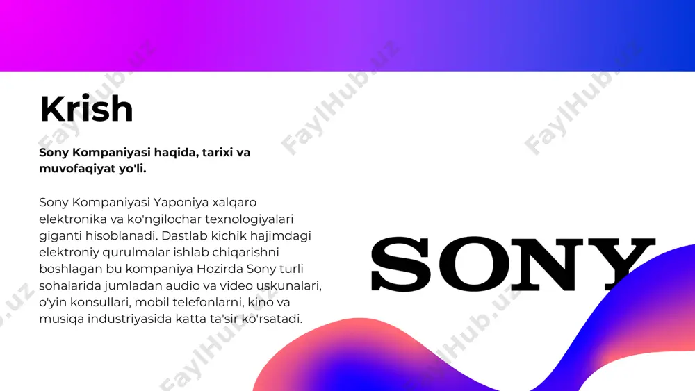 ikatsiya: sony turli bozor segmentlarida faoliyat yuritadi: elektronika (televizorlar, kameralar), o‘yin-kulgi (playstation, filmlar, musiqa), va moliyaviy xizmatlar. 2. innovatsiyalar: mahsulotlarda texnologik yangiliklarni joriy qilish orqali bozorda yetakchilikni saqlash. masalan, playstation platformasi va yuqori sifatli kameralar. 3. premium segment: sony o‘z mahsulotlarini yuqori sifatli va qimmatbaho mahsulotlar qatorida pozitsiyalashga harakat qiladi, raqobatchilariga nisbatan o‘ziga xoslikni saqlab qilish. 4. hamkorlik va sheriklik: texnologik kompaniyalar, kino va musiqa sanoati bilan faol hamkorlik orqali mahsulotlar va xizmatlarni boyitish. strategiyalari marketing 01 global brending: sony global miqyosda taniqli brend bo‘lib, marketing faoliyatida barcha bozor segmentlariga moslashuvchan strategiyalarni qo‘llaydi. raqamli marketing: onlayn platformalar va ijtimoiy tarmoqlar orqali iste'molchilar bilan bevosita muloqot qilish va yangi mahsulotlarni targ‘ib qilish. tajriba yaratish: xaridorlarga mahsulotlarni sinab ko‘rish imkonini beruvchi ko‘rgazmalar va tadbirlar tashkil qilish. aktsiyalar va paket takliflari: playstation va boshqa mahsulotlarni maxsus narxlarda yoki qo‘shimcha bonuslar bilan sotish orqali xaridorlarni jalb qilish. 02 03 04 elektronika sohasida media sohasida …