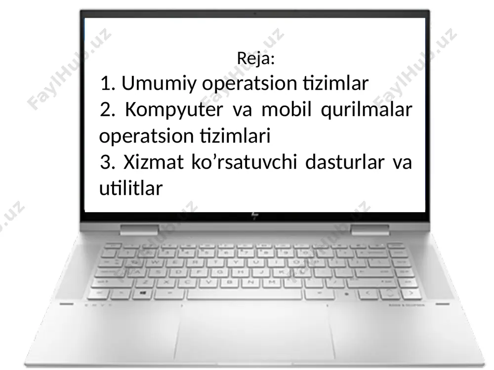 nchli bо‘lishi kerak. agar dasturda yoki qurilmada biror xato uchrasa, uni sistema topa olishi va bu xatoni tuzatishga harakat qilishi, hech bo’lmaganda, shu xato tufayli foydalanuvchi dasturiga yetkaziladigan zaraming oldini olishi kerak. 2. himoyalash. ixtiyoriy foydalanuvchi о‘z ishiga boshqa foydalanuvchilaming monelik qilishini xohlamaydi. shu sababli sistema foydalanuvchilarni dastur va ma’lumotlarini о‘zgalar xatolari ta’siridan hamda aralashuvidan himoya qilishi lozim. 3. samaradorlik. odatda, operatsion sistemaning о‘zi kompyuterning katta resursini egallaydi. bu resurslar foydalanuvchi ixtiyoriga berilmaydi. demak, sistemaning о‘zi ancha ixcham bo’lishi va kompyuter resurslarini har tomonlama samarali boshqarishi lozim. 4. qulaylik. operatsion sistemada kо‘p hollarda bir paytda ikki va undan ortiq foydalanuvchi ishlaydi. ular operatsion sistema orqali turli maqsadli va turli algoritmli masalalarni hal qiladi. ravshanki, bunday holda har bir foydalanuvchiga keng qulayliklar yaratilishi talab etiladi. shu bois, mazkur xususiyat operatsion sistemaning muhim jihati hisoblanadi. hozirgi paytda operatsion tizimlarning dos; os/2; unix; windows oilalari keng tarqalgan. dos oilasidagi operatsion tizimlarning birinchi vakili …