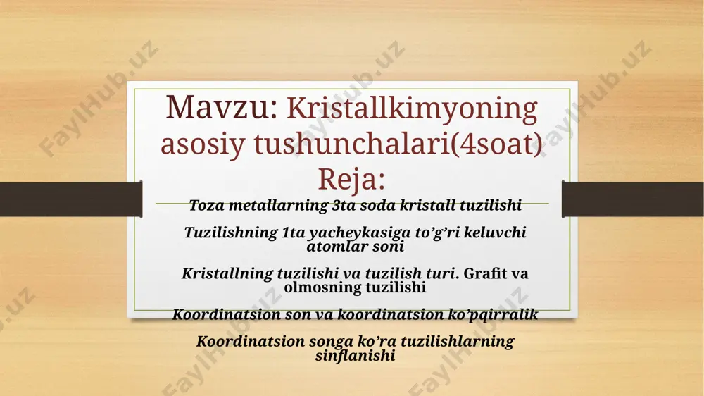 lingach, uning kristallini hamma yonlarida sovib qotgan yupqa shamli po’stloq hosil bo’ladi. ana shu shamli po’stloqning erish tezligi kristallning hamma yonlarida turlicha tezlikda boradi. 4.kristallning hamma yoqlarida kimyoviy xossasi turlichadir. kristalldagi atomlar va molekulalarning joylashish tartibi butun kristall bo’yicha saqlangan bo’lsa, ular monokristall deb ataladi.hamma kristallar anizotropiyaga ega, ya’ni ularning fizik xossalari turli yo’nalishlarda turlichadir. monokristallarning makroskopik bo’lakchalarining tartibsiz birikishidan hosil bo’lgan kristall polikristall deb ataladi. polikristalldagi monokristall donalarning tartibsiz joylashuvi natijasdida uning fizik xossalari barcha yo’nalishlar bo’yicha bir xil bo’ladi va bu jismlar izotrop jismlar deyiladi. koordinatsion birikmalarda izomeriya hodisasi bu xususiyat organik birikmalardagi kabi keng tarqalgan. izomerlar xossalarining tadqiqoti birikmalarning geometrik tuzilishini aniqlashga imkon beradi. ulardagi izomeriya 2guruhga bo’linadi: 1.tuzilish(ionlanish, koordinatsion, gidrat, tuz, electron, koordinatsion polimerlanish,….) 2. stereoizomeriya(geometrik va ko’zgu izomeriyasi) 1. ko‘zgu izomeriya eng kamida ikkita bidentat ligandga (masalan, en, oksalat kislota anioni, aminokislotalar va shularga o‘xshashlar) ega bo’lgan oktaedrik va tetraedrik birikmalarga xos bo’ladi. misol tariqasida …