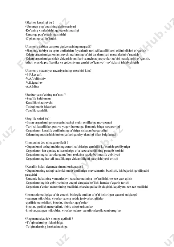 ish imkoniyatlari qanday ekanligi bilan belgilanadi #immunitet deb nimaga aytiladi ? +organizmni tashqi muhitning zararli ta’sirlariga qarshilik ko’rsatish qobiliyatiga -organizmni har qanday ta’surotlariga o’ta sezuvchanlikning pasayib borishi -organizmning ta’surotlarga ma’lum reaksiya paydo bo’lmaslik qobiliyati -organizmning har-xil kasalliklarga chidamliligini pasayishi yoki ortishi #kasallik holati deganda nimani tushunasiz ? +organizmning tashqi va ichki muhit omillariga muvozanatini buzilishi, ish bajarish qobiliyatini pasayishi -umumiy holatining yomonlashvi, tana haroratining ko’tarilishi, tez-tez qayt qilish -organizmning ish qobiliyatining yuqori darajada bo’lishi hamda o’zgarib turishi -organizm a’zolari maromining buzilishi, charchoqni kelib chiqishi, kayfiyatni tez-tez buzilishi #inson salomatligiga ta’sir etuvchi biologik omillar to’g’ri keltirilgan qatorni aniqlang? +patogen mikroblar, viruslar va eng sodda jonivorlar, gijjalar -qurilish materiallari, binolar, kitoblar, qog’ozlar -binolar, qurilish materiallari, tibbiy asbob uskunalar -kitoblar,patogen mikroblar, viruslar makro- va mikroskopik zamburug’lar #regeneratsiya deb nimaga aytiladi ? +to’qimalarning tiklanishiga. -to’qimalarning jarohatlanishiga -toqimalar yallig’lanishiga -mahalliy qon to’planishiga #chaqaloqlar bir minutda necha marta nafas oladi ? +40-60 marta -35-45 marta -30-40 …