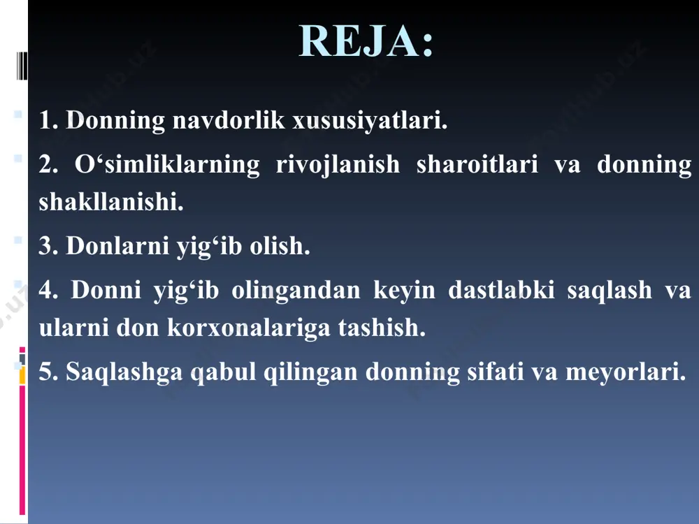 ngarchilik kо‘p bо‘lsa, donning namligi ortib ketadi va saqlanuvchanlik kо‘rsatkichlari keskin tushib ketadi. aksincha, qurg‘oqchilik bо‘lsa don haddan tashqari qurib ketadi, yoki namlik yetishmasligidan donlar tо‘liq yetilmay qoladi. 3. donlarni yig‘ib olish donning sifati va saqlanuvchanligi kо‘p jihatdan yig‘im-terim jarayonlariga bog‘liqdir. mazkur jarayonlar qanchaliik sifatli tashkillashtirilsa hosil sifati va miqdori shuncha yuqori bо‘ladi. yig‘im-terim ishlarini о‘z vaqtida va qisqa muddatda tugallash, nobudgarchilikning oldini olish, don ekinlaridan mо‘l hosil yetishtirishning asosiy garovidir. mamlakatimizda don ekinlari 2 xil usulda yig‘ib olinadi: tо‘g‘ridan-tо‘g‘ri; avval о‘rib, keyin yig‘ib olish. hosilni tо‘g‘ridan-tо‘g‘ri yig‘ib olish uchun ekin dalasi mumkin qadar begona о‘tlardan xoli bо‘lishi, о‘simliklar bir tekis о‘sgan bо‘lishi va hosili bir vaqtda pishib yetilgan bо‘lishi lozim. tо‘g‘ridan-tо‘g‘ri yig‘ib olish usulida terim muddatini mumkin qadar qisqartirish lozim, bu esa yuqori hosil garovidir. terim muddati qanchalik chо‘zilib ketsa, donlar tо‘kila boshlaydi va nobudgarchilik shuncha ortadi. mamlakatimizda hosilni tо‘g‘ridan-tо‘g‘ri terib olishda 10-12 kunlik terim muddati joriy qilingan. аvval …
