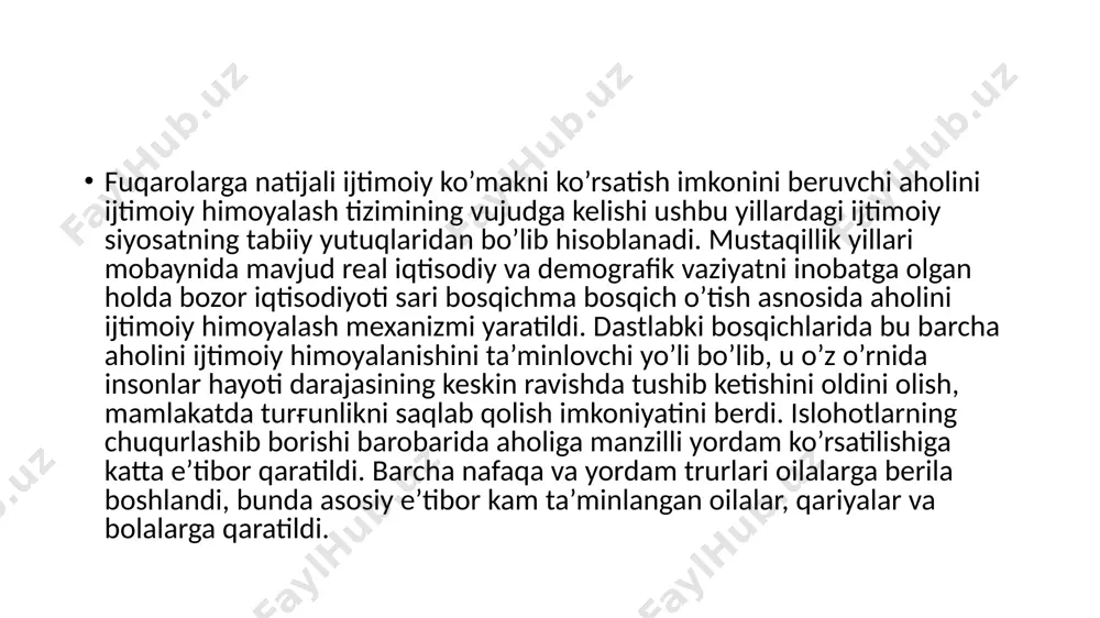 sosida ta’minlashdan kelib chiqib belgilanadi va harbiy doktrina talablariga muvofiq strategik va operativ rejalar bo‘yicha amalga oshiriladi. qurolli kuchlarga oliy boshqaruvni prezident amalga oshiradi. o‘zbekiston respublikasi konstitutsiyasining 93-moddasi 20-bandiga muvofiq prezident mamlakat qurolli kuchlarining oliy bosh qo‘mondoni hisoblanadi, qurolli kuchlarning oliy qo‘mondonlarini tayinlaydi va vazifasidan ozod qiladi, oliy harbiy unvonlar beradi. «mudofaa to‘g‘risida»gi qonunga muvofiq prezident mamlakat mudofaa qobiliyatini ta’minlash, qurolli tajovuz bo‘lgan hollarda davlat suvereniteti, hududiy yaxlitligi va mustaqilligini himoya qilish yuzasidan zarur chora-tadbirlar qabul qiladi, mudofaa vazirini tayinlaydi. qurolli kuchlarga jangovar harakatlarni olib borish to‘g‘risida qaror qabul qiladi va buyruq beradi image1.jpeg image2.jpeg image3.jpeg image4.jpeg image5.jpeg image6.jpeg image7.jpeg image8.jpeg image9.jpeg image10.jpeg image11.jpeg image12.jpeg image13.jpeg image14.jpeg image15.jpeg image16.jpeg image17.jpeg image18.jpeg image19.jpeg image20.jpeg image21.jpeg image22.jpeg /docprops/thumbnail.jpeg