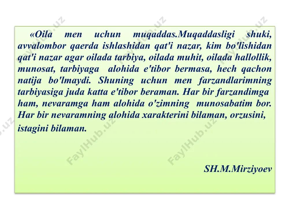 shda oila kattalari o'rtasidagi birlikning saqlanishi, bola shaxsini mehnatga tarbiyalashga alohida e'tibor berish, tashabbuskorlik sifatlarini qo'llab-quvvatlash ota-onalarning pedagogik bilimlarga ega ekanligini ko'rsatadi. oisha onamizdan (roziyallohu anho) rivoyat qilingan hadisda rasululloh (sollallohu alayhi va sallam): “farzandlaringizga munosib onani ixtiyor qilinglar”, deganlar. bo'lajak kelin sog'lom, dinu diyonatli, soliha, guzal tarbiyali bo'lmog'i baraka omilidir. oila qurishdan asosiy maqsad naslni davom ettirishdir. insoniyatning ko'payishi, naslning bardavomligi qiyomatgacha davom etadigan ilohiy iroda va muhim jarayondir. psixologlar ota-onalar uchun tarbiyasi og'ir hamda quloqsiz bo'lgan bolalarni qanday qilib, tarbilash borasida, o'zlarining qator tavsiya va takliflarinilarini berib o'tishgan. tarbiyasi og'ir bola — pedagog va ota-onalar uchun azaliy bosh og'riq. qariyb 99% ota-ona bunday muammoga duch kelishadi. lekin muomalani qaytadan ko'rib chiqish orqali bunga barham berish mumkin. ko'pincha ota-onalar bola 5 — 7 yoshga to'lib, qiliq va injiqliklari bilan hammani bezor qilishga ulgurganda shifokor va pedagoglarga shikoyat qila boshlashadi. biroq bolani mo'min-qobil qilib o'stirishga yordam beruvchi tarbiya usullarini ancha …
