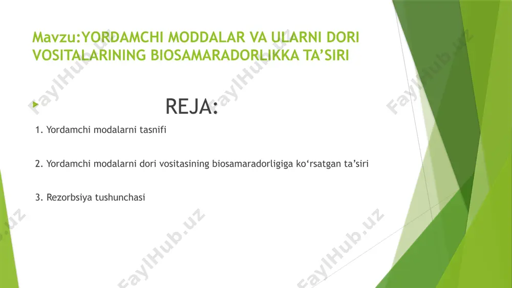ikka ta'sir qiladi va dorining samaradorligini oshirish imkonini beradi. yordamchi moddalar tabiiy, sintetik va yarim sintetik bo‘lishi mumkin. dori shakllarini tayyorlashda ular turli funksiyalarni bajarishi mumkin: erituvchilarni, solyubilizatorlarni, stabilizatorlarni, asoslarni, sfmlar, quyultiruvchilarni, emulgatorlarni, konservatlarni, korrigentlarni, bo‘yovchilarni va boshqalarni. bu 22 quyidagi moddalardir: kraxmal, glyukoza, tozalangan suv, etil spirti, vazilin, kakao moyi, talk, bentonitlar, aerosillar, parafin, bug‘doy uni, polietilen oksidlari, sellyulozani turli hosilalari va boshqalar. farmatsiyani ko‘p asrli tarixida yordamchi moddalar farmokologik va kimyoviy jihatdan shakl beruvchi indiffirent modda sifatida ko‘rsatilgan. ularni dorivor moddaga ishlatish, tashish va saqlash uchun qulay ma’lum shakl berish maqsadida qo‘shilgan. dorivor preparatlarni ishlab chiqarishda oson topiladigan va arzon moddalar ishlatilgan. bunda yordamchi moddani tabiatiga va sonini dorivor moddani biologik faolligiga ta’siri hisobga olinmagan. biofarmatsevtik tadqiqodlarga asosan, yordamchi moddalar texnologik jihatdan ishlatiluvchi indifferent massa emasligi ko‘rsatilgan. ular ma’lum fizik-kimyoviy xususiyatlarga ega bo‘lib, substansiya tabiatiga bog‘liq holda, turli sabablar ta’sirida kompleks hosil bo‘lishi va adsordsiya, molekulyar reatsiyalar va …