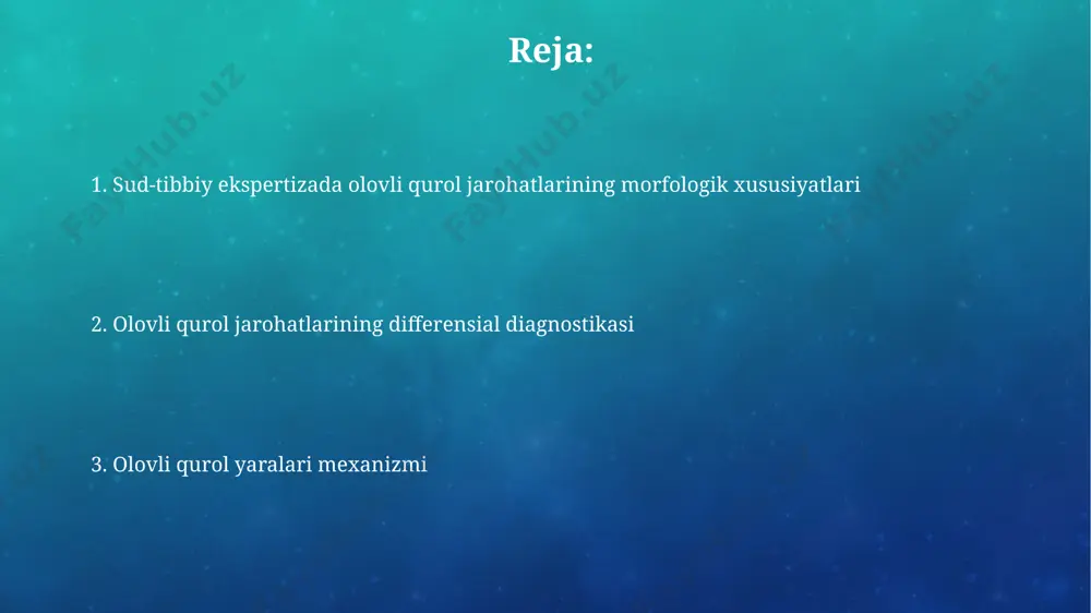 usiyatlari jarohat kanali ichidagi to'qimalarning parchalanishi darajasi o'qning energiyasi va turiga bog'liq; masalan, dumaloq o'qlar nisbatan toza kanal hosil qilsa, dumaloq bo'lmagan o'qlar, masalan, qo'shma shtatlarda keng tarqalgan 5.56 mm m16 o'qi, katta miqdorda to'qima shikastlanishiga olib keladi. jarohat kanalining shakli va o'lchamlari o'qning tebranishi va to'qimaga ta'sirining turli xususiyatlariga bog'liq. misol uchun, qattiq suyaklar bilan to'qnashuv o'qning yo'nalishini o'zgartirishi va bir necha tarmoqli jarohat kanali hosil qilishi mumkin, bu esa masalan, 7.62 mm o'qlar bilan tez-tez kuzatiladi. o'qning to'qimalarga ta'siri o'qning o'tish traektoriyasi (masalan, tananing old tomonidan orqa tomoniga) va suyak tuzilmalari (masalan, qovurg'alar, umurtqalar) bilan to'qnashuvi yara kanalining murakkablashishiga, ko'p sonli parchalanishlar va ikkilamchi shikastlanishlarning paydo bo'lishiga olib keladi. o'qning kalibri va tuzilishi (masalan, dumaloq yoki o'qsimon) to'qimalarning shikastlanish darajasiga sezilarli ta'sir ko'rsatadi; masalan, dumaloq o'qlar katta yara kanali hosil qiladi, o'qsimon o'qlar esa chuqurroq kirib boradi. otish qurollarining turlari va ularning jarohatlarga ta'siri otish qurollarining kalibri (masalan, …