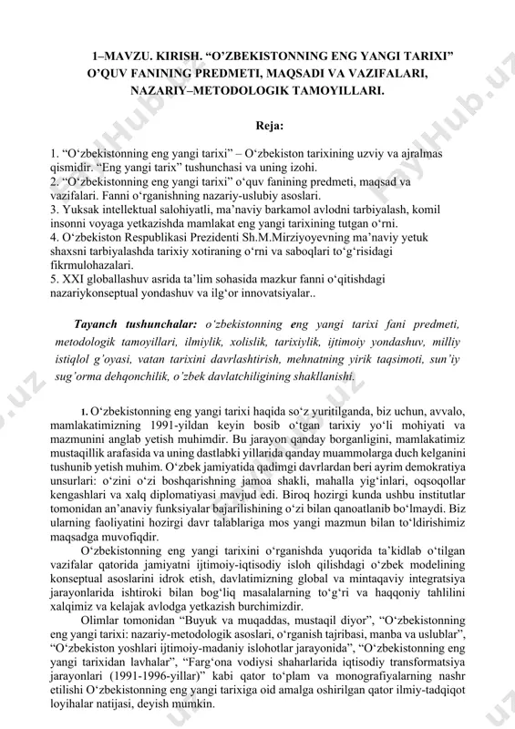mmolarga duch kelganini tushunib yetish muhim. o‘zbek jamiyatida qadimgi davrlardan beri ayrim demokratiya unsurlari: o‘zini o‘zi boshqarishning jamoa shakli, mahalla yig‘inlari, oqsoqollar kengashlari va xalq diplomatiyasi mavjud edi. biroq hozirgi kunda ushbu institutlar tomonidan an’anaviy funksiyalar bajarilishining o‘zi bilan qanoatlanib bo‘lmaydi. biz ularning faoliyatini hozirgi davr talablariga mos yangi mazmun bilan to‘ldirishimiz maqsadga muvofiqdir. o‘zbekistonning eng yangi tarixini o‘rganishda yuqorida ta’kidlab o‘tilgan vazifalar qatorida jamiyatni ijtimoiy-iqtisodiy isloh qilishdagi o‘zbek modelining konseptual asoslarini idrok etish, davlatimizning global va mintaqaviy integratsiya jarayonlarida ishtiroki bilan bog‘liq masalalarning to‘g‘ri va haqqoniy tahlilini xalqimiz va kelajak avlodga yetkazish burchimizdir. olimlar tomonidan “buyuk va muqaddas, mustaqil diyor”, “o‘zbekistonning eng yangi tarixi: nazariy-metodologik asoslari, o‘rganish tajribasi, manba va uslublar”, “o‘zbekiston yoshlari ijtimoiy-madaniy islohotlar jarayonida”, “o‘zbekistonning eng yangi tarixidan lavhalar”, “farg‘ona vodiysi shaharlarida iqtisodiy transformatsiya jarayonlari (1991-1996-yillar)” kabi qator to‘plam va monografiyalarning nashr etilishi o‘zbekistonning eng yangi tarixiga oid amalga oshirilgan qator ilmiy-tadqiqot loyihalar natijasi, deyish mumkin. bugungi …