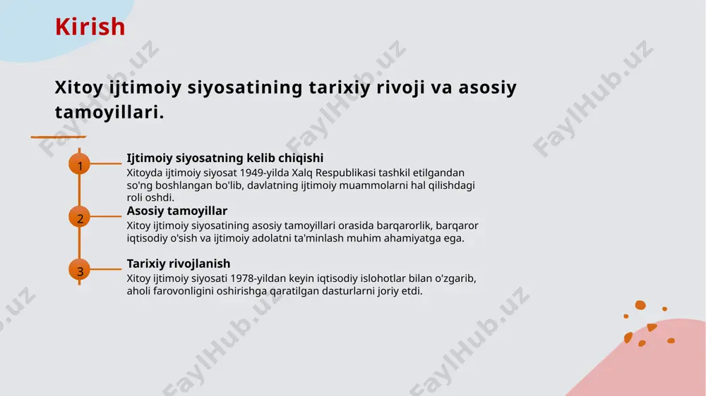 aqlash tizimining rivojlanishi va muammolari. sog'liqni saqlash tarixi xitoyda sog'liqni saqlash tizimi 1949-yildan boshlab rivojlanmoqda. dastlab, davlat tomonidan nazorat etiladigan va keng qamrovli xizmatlar taklif qilingan. muammolar va qiyinchiliklar xitoy sog'liqni saqlash tizimida yetarli moliyalashtirish, malakali kadrlar yetishmasligi va qishloq joylaridagi xizmatlar notekisligi kabi muammolar mavjud. tizim islohoti 2009-yilda sog'liqni saqlash islohotlari boshlangan bo'lib, bu davlat tomonidan taqdim etiladigan tibbiy xizmatlarni kengaytirish va sifatini oshirishga qaratilgan. kelajak istiqbollari xitoy sog'liqni saqlash tizimida innovatsion texnologiyalar, telemeditsina va raqamli xizmatlar orqali sifatni oshirish va muammolarni hal qilishni rejalashtirmoqda. ta'lim siyosatining ijtimoiy rivojlanishga ta'siri xitoy misolida. ta'lim siyosatining maqsadlari ta'lim va tenglik ijtimoiy rivojlanish xitoy ta'lim siyosati, ijtimoiy rivojlanishni ta'minlash maqsadida, barqaror iqtisodiy o'sishni va inson kapitalini rivojlantirishga qaratilgan. xitoyda ta'lim siyosati, teng imkoniyatlarni yaratish orqali jamiyatdagi ijtimoiy adolatni ta'minlashga yordam beradi, qashshoqlikni kamaytiradi va imkoniyatlarni oshiradi. ta'lim siyosati xitoyda ijtimoiy rivojlanishga ta'sir ko'rsatadi; o'qitish sifatini oshirish, innovatsion g'oyalarni rag'batlantirish orqali jamiyatni rivojlantiradi. …