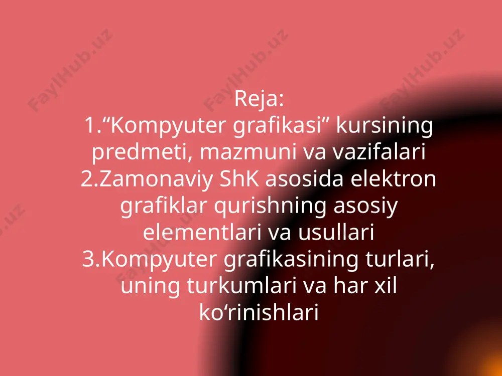 a o‘ziga xos mustaqil ahamiyatga egadir. maxsus dasturlar yordamida xuddi bir varaq oq qog‘ozga qalam yoki ruchka bilan har xil rasmlarni solish singari kompyuter ekranida sichqoncha yordamida rasm chizish, ya`ni tasvir yasash, tuzatish va ularni harakatlantirish imkonini yaratdi. elektron grafikni tuzish va uni tushunish uchun grafika elementlari ma`nosi va ularni turli holatlarda qo‘shilishini o‘rganish muhim hisoblanadi. grafik yordamida ifodalanadigan voqeliklarni to‘g‘ri tushunish uchun uni tashkil etuvchi hamma elementlarining to‘plami mavjud bo‘lgandagina mumkin (shkala, sarlavhalar va boshqalar). tasvirlashning grafik usuli yoki grafik til - bu fikrni ifodalashning fazoviy tasvirlash yoki shartli ravishda tekislikda aks ettirish usullarining to‘plamidir. grafik tasvirlashning namunalari - geometrik figuralar, turli xaritalar, iqtisodiy analizning diagrammalari, korxonalarning tashkiliy strukturaviy sxemalari va boshqalar bo‘lishi mumkin. aqliy tasavvur va qiymatlar to‘plamini ifodalovchi chizmalarni tuzish jarayoni grafiklashtirish deyiladi, uning natijasi esa - grafika deyiladi. grafik shartli ravishda voqelikni yoki qandaydir jarayonni tasvirlaydi. grafikada qo‘llaniladigan hamma belgilar - bu g‘oyalar belgisi bo‘lib, uning …