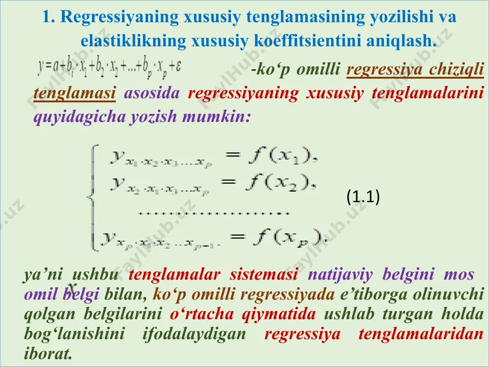 ispersiyani yangi omil kiritilmasdan oldingi qoldiq dispersiyaga bo‘lgan nisbatiga teng. qo‘shimcha omil kiritilishiga qadar bo‘lgan dispersiya da bu kamayishning hissasi qancha ko‘p bo‘lsa, y bilan x2 orasidagi bog‘lanish, x1 omilining ta’siri o‘zgarmas bo‘lganda, shuncha zich bo‘ladi. bu miqdorni kvadrat ildiz ostidan chiqarsak, bizga y ni x2 bilan bog‘lanish zichligini “toza” ko‘rinishda ifodalovchi xususiy korrelyatsiya indeksini beradi. demak, omilni y natijaga ta’sirini quyidagicha aniqlash mumkin: omilni y natijaga xususiy ta’siri ham xuddi shu kabi aniqlaniladi: olingan natijalarni taqqoslab ko‘rsak, mahsulot hajmiga ko‘proq korxonaning texnik ta’minoti ta’sir etishini ko‘rishimiz mumkin. agar qoldiq dispersiyani ko‘rinishda determinatsiya koeffitsienti orqali ifodalasak, u holda xususiy korrelyatsiya koeffitsienti formulasi quyidagicha ko‘rinishga ega bo‘ladi: va mos ravishda x2 uchun yuqoridagi xususiy korrelyatsiya koeffitsientlari birinchi tartibli xususiy korrelyatsiya koeffitsientlari (indekslari) deb ataladi. ular ikki o‘zgaruvchining bog‘lanish zichligini, omillardan biri o‘zgarmas bo‘lgan holda, aniqlash imkonini beradi. agar p dona omillardan iborat bo‘lgan regressiyani ko‘radigan bo‘lsak, u holda birinchi tartibli xususiy …