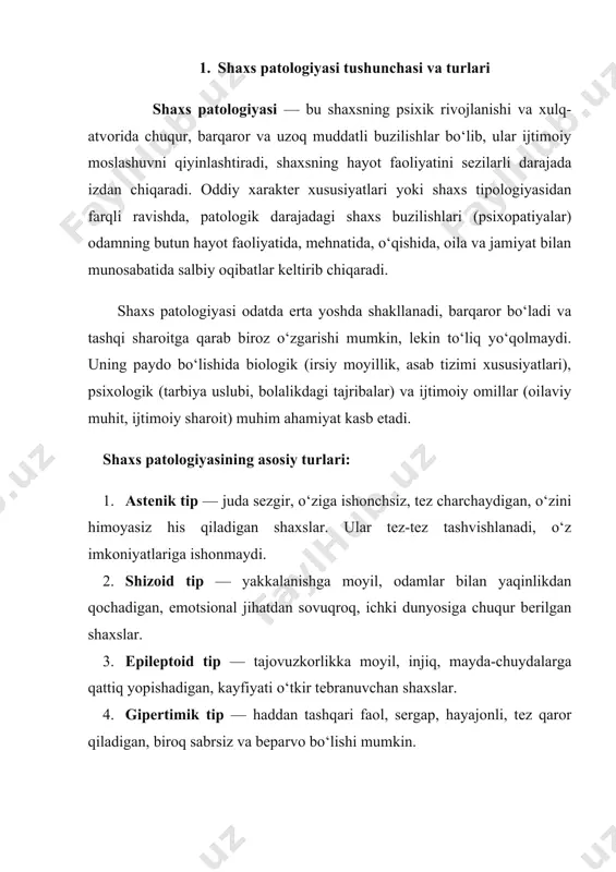 atda bo‘ladigan shaxslar. 7. beqaror tip — tashqi ta’sirlarga tez beriladigan, iroda kuchi past, ko‘pincha zararli odatlarga (masalan, spirtli ichimlik yoki narkotik) berilib ketadigan shaxslar. 8. konform tip — mustaqil fikrlashdan ko‘ra, boshqalarning ta’siriga tez tushadigan, jamoa ichida o‘zini yo‘naltira olmaydigan shaxslar. psixopatiya — bu shaxsning barqaror, chuqur va total darajadagi buzilishi bo‘lib, u xulq-atvor, emotsional soha va ijtimoiy moslashuvda doimiy qiyinchiliklarga olib keladi. uning asosiy belgilaridan biri — barqarorlik, ya’ni buzilgan xususiyatlar umr bo‘yi saqlanadi; ikkinchisi — total xarakter, ya’ni ular shaxs hayotining barcha sohalarida namoyon bo‘ladi; uchinchisi esa — ijtimoiy moslashuvning buzilishi, ya’ni shaxs jamiyat talablariga to‘liq moslasha olmaydi. psixopatiya shakllariga astenik tip kiradi, bunda odam juda sezgir, qo‘rqoq, tez charchaydigan va tashabbussiz bo‘ladi; shizoid tipda odam yakkalanishga moyil, ichki dunyosiga berilgan, sovuqqon va tashqi aloqalarda sust bo‘ladi; epileptoid tipda tajovuzkorlik, injiqlik, mayda narsalarga yopishib qolish va keskin kayfiyat o‘zgaruvchanligi kuzatiladi; isteroid tipda shaxs diqqat markazida bo‘lishni xush …