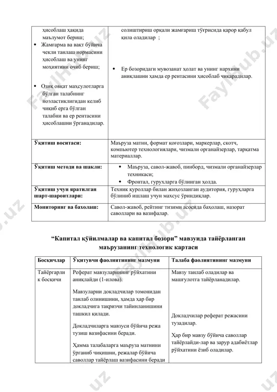 р технологиялари, чизмали органайзерлар, тарқатма материаллар. ўқитиш методи ва шакли: 1. маъруза, савол-жавоб, пинборд, чизмали органайзерлар техникаси; 1. фронтал, гурухларга бўлинган ҳолда. ўқитиш учун яратилган шарт-шароитлари: техник қуроллар билан жиҳозланган аудитория, гуруҳларга бўлиниб ишлаш учун махсус ўриндиқлар. мониторинг ва бахолаш: савол-жавоб, рейтинг тизими асосида баҳолаш, назорат саволлари ва вазифалар. “капитал қўйилмалар ва капитал бозори” мавзуида тайёрланган маърузанинг технологик картаси босқичлар ўқитувчи фаолиятининг мазмуни талаба фаолиятининг мазмуни тайёргарлик босқичи реферат мавзуларининг рўйхатини аниқлайди (1-илова). мавзуларни докладчилар томонидан танлаб олинишини, ҳамда ҳар бир докладчига тақризчи тайинланишини ташкил қилади. докладчиларга мавзуси бўйича режа тузиш вазифасини беради. ҳамма талабаларга маъруза матнини ўрганиб чиқишни, режалар бўйича саволлар тайёрлаш вазифасини беради ва мустақил тайёрланишлари учун адабиётлар рўйхатини тақдим қилади. мавзу танлаб оладилар ва машғулотга тайёрланадилар. докладчилар реферат режасини тузадилар. ҳар бир мавзу бўйича саволлар тайёрлайди-лар ва зарур адабиётлар рўйхатини ёзиб оладилар. 1. кириш босқичи (5 дақиқа) 1.1. маъруза мавзусини эълон қилади. ўқув машғулотининг шакли ва ўтказилиш …