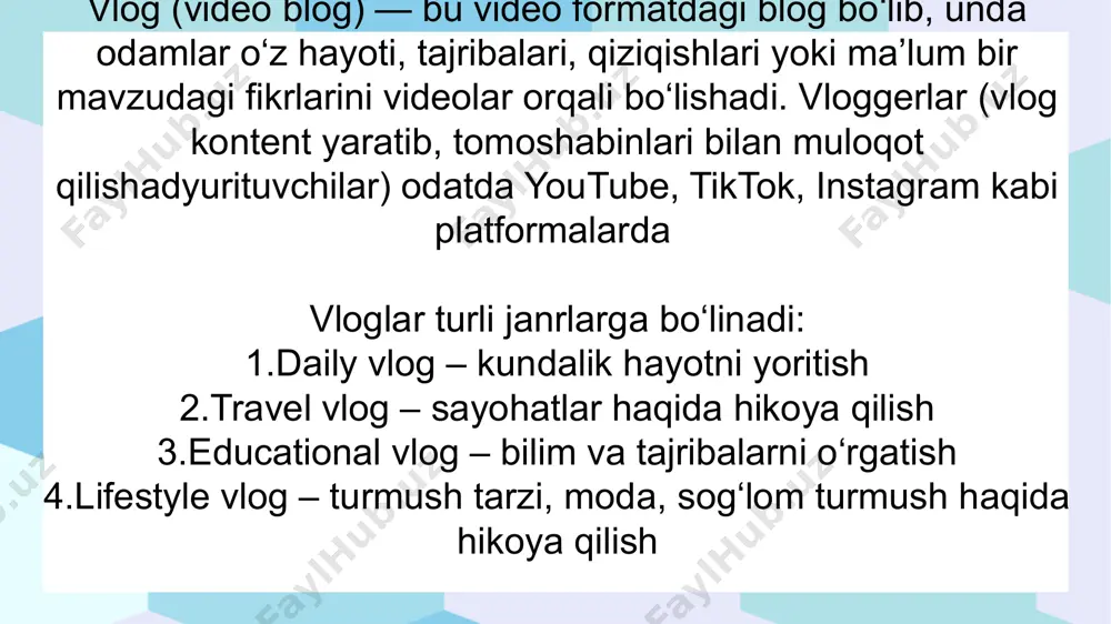 eolaridan ruxsatsiz foydalanma. o‘z kontenting original bo‘lishiga harakat qil. 8. clickbaitdan qochish tomoshabinlarni aldashga harakat qilma. clickbait (haqiqatga to‘g‘ri kelmaydigan sarlavha yoki rasm) obunachilarni yo‘qotishga olib kelishi mumkin. vlog yuritish qoidalari va muhim jihatlari 1. vlog nima va uning foydasi vlog (video blog) – bu video shaklida yuritiladigan blog bo‘lib, unda odamlar o‘z hayoti, qiziqishlari yoki ma’lum bir mavzudagi fikrlarini auditoriya bilan bo‘lishadi. ✅ vlog yuritishning foydalari: o‘z brendingni yaratish auditoriya bilan aloqa o‘rnatish pul ishlash imkoniyati (youtube monetizatsiyasi, reklama, hamkorliklar)ijodiy mahoratni rivojlantiriish 2. mavzu tanlash vlog yuritishdan oldin mavzu tanlash muhim. quyidagi vlog janrlarini ko‘rib chiqish mumkin: daily vlog – kundalik hayot haqida travel vlog – sayohatlar va yangi joylar tech vlog – texnologiya va gadjetlar haqida educational vlog – ta’lim va bilim beruvchi videolar lifestyle vlog – moda, sog‘lom turmush tarzi entertainment vlog – kulgili va kreativ kontent 👉 mavzu tanlashda quyidagilarga e’tibor ber: o‘zing qiziqadigan va yaxshi …
