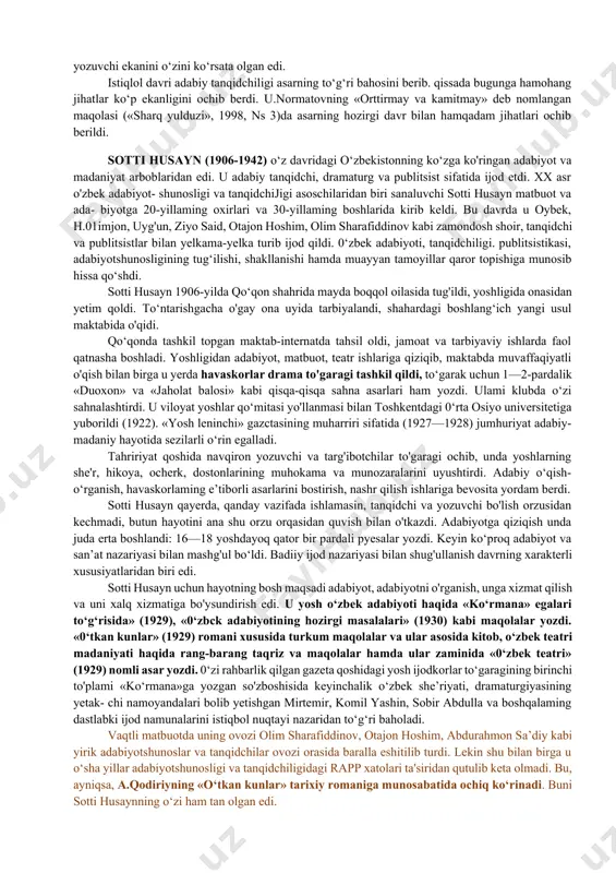 likni vulgar sotsiologizm asoratidan qutqarib qolish yo‘lidagi intilishlari alohida diqqatga sazovor bo‘lsa-da, yangi metod asoslaridagi partiyaviylik, xalqchillik, sinfiylik uchun boshlab bergan kurashlari, barcha milliy tanqidchilik, shu jumladan, o‘zbek tanqidchiligida ham izchillik bilan davom ettirilib, badiiy adabiyotning erkin va haqqoniy taraqqiyotiga katta to‘g‘anoq bo‘ldi, ko'pdan ko‘p iste’dodlarning nohaq nobud bo‘lishini tezlashtirdi. 30-yillardagi maqolalarga munosabatda ana shu xususiyatlarni doimo nazarda tutish kerak bo‘ladi. shu jarayonda o‘zbek tanqidchhiligi va adabiyotshunoslari safi i. sultonov, h.yoqubov, saidg‘ani valiyev, buyuk karimiy, g‘.karimov, yu.sultonov singari qator iste'dodli yoshlar hisobiga kengaydi. nazariy va amaliy jihatdan teran fikr yuritish iqtidoriga ega i.sulton va h yoqubovlar tezda el nazariga tusha boshladilar. 30-yillardan adabiy tanqidda bolalar adabiyotiga e’tibor kuchaydi. ayrim gazeta sahifalarida «boialar adabiyotiga diqqat qilingiz» rukni ham ochildi. h.yoqubovning «bolalar adabiyotining sifatini ko‘taraylik», sh.sulaymonning «bolalar adabiyoti to‘g‘risida», z. diyoming «bolalar kitobi haqida», yu. latifning «zafarning ijodi haqida» kabi maqolalarida bolalar adabiyotiga oid muammolar ko'tarib chiqildi; qahramon, badiiy til, shakl masalalari …