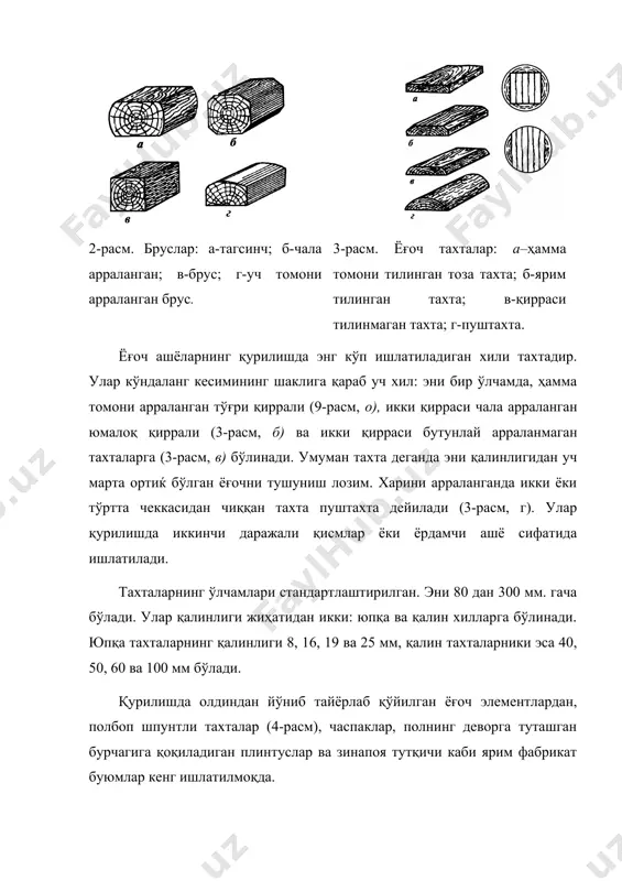ўлинади. юпқа тахталарнинг қалинлиги 8, 16, 19 ва 25 мм, қалин тахталарники эса 40, 50, 60 ва 100 мм бўлади. қурилишда олдиндан йўниб тайёрлаб қўйилган ёғоч элементлардан, полбоп шпунтли тахталар (4-расм), часпаклар, полнинг деворга туташган бурчагига қоқиладиган плинтуслар ва зинапоя тутқичи каби ярим фабрикат буюмлар кенг ишлатилмоқда. йўнилган тахталар кўндаланг кесимнинг шаклига кўра: тўғри тўртбурчакли (рандалангандан кейин ҳам ўзининг аввалги шакли ўзгармайди) ва шпунтли хилларга бўлинади. шпунтли тахталар пол учун, деворларни қоплаш ва пардеворлар қуриш учун ишлатилади. бундай тахталар рандаланган бўлиб, бир четида шпунт (ариқча), иккинчи четида чизиғи бўлади. шу туфайли, уларни бир-бирига зич қилиб бирлаштириш мумкин. часпаклар (5-расм) девор сувоғи билан эшик кесакисининг бир-бирига туташган жойини беркитиб туриш учун, шунингдек, ёғоч уйларда дераза ҳамда эшик ўринларига шакл бериш учун ишлатилади. часпаклар тахталарнинг узунлиги бўйлаб махсус ранда билан йўниб тайёрланади. галтель ва плинтуслар полнинг девор билан туташган жойини беркитиб туради. зина панжарасининг юқориги томонига ҳар хил кесимли тутқичлар маҳкамланади (6-расм). …