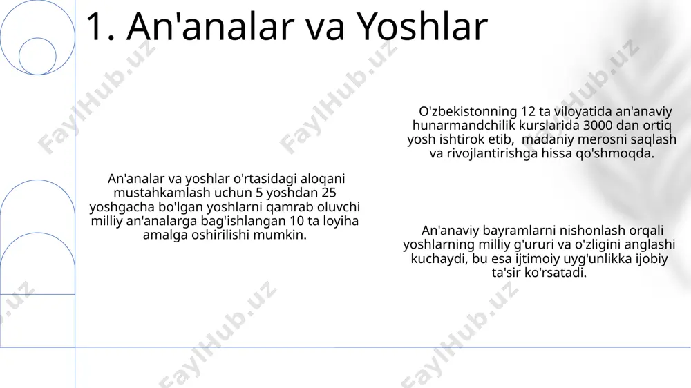 0 dan ortiq turli kasb-hunarni o'z ichiga oladi va yoshlarning kreativ qobiliyatlarini rivojlantirishda, shuningdek, iqtisodiy jihatdan mustaqil bo'lishlariga yordam beradi. millat an'analarini o'rganish, 5 yoshdan 18 yoshgacha bo'lgan yoshlarning milliy ong-tafakkurini shakllantirishda muhim rol o'ynaydi va ularning ijtimoiy moslashuviga 30% ta'sir ko'rsatadi. 7. millat an'analari va urf-odatlarining ahamiyati yurt an'analari o'rganish jarayonida 5-7 yoshli bolalar uchun maxsus moslashtirilgan o'yinlar va amaliy mashg'ulotlar orqali ijtimoiy-madaniy kompetensiyalarni rivojlantirish mumkin. milliy urf-odatlarni o'rganishda interfaol ta'lim metodlarini qo'llash, masalan, rol o'ynash o'yinlari yordamida, 80% ga yaqin o'quvchilarning bilim olish samaradorligini oshiradi. an'anaviy hunarmandchilikni o'rgatish orqali, qo'l mehnati ko'nikmalari bilan birga, 10 dan ortiq turdagi milliy ramzlar va ularning ma'nolarini o'zlashtirish ta'minlanadi. 8. yurt an'analarini o'rganishning pedagogik ahamiyati an'anaviy o'yinlar, jumladan, milliy sport turlari, bolalarning jismoniy rivojlanishiga 10%, jamoaviy munosabatlariga esa 20% ijobiy ta'sir ko'rsatib, ijtimoiy moslashuvchanlikni oshiradi. zamonaviy ta'limda an'anaviy hikoya aytish uslubi, 5-7 yoshli bolalar uchun 30% ga yaqinroq tushunishni va 20% ko'proq …
