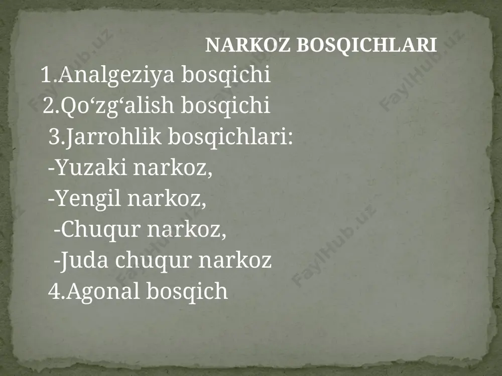 ezuvchanlikni susaytiradi, visseral, ya'ni ichki a'zolarda keluvchi og‘riq impulslarini kuchsiz kamaytiradi. tiopental natriy- 0,5/1g germetik yopilgan shisha flakon. tomirga kiritilganda 1 daqiqadan keyin qo‘zg‘alish davri bo‘lmagan narkoz rivojlanadi va u 20-30 daqiqa davom etadi. preparatning katta qismi yog‘ to‘qimasida to‘planib asta-sekin jigarda parchalanadi. skelet mushaklarini yaxshi bo‘shashtiradi. geksenal –1g germetik yopilgan shisha flakon. barbitur kislotasining hosilasi. tomirga kiritilgach, qo‘zg‘alish davri bo‘lmagan, chuqur, tez rivojlanuvchi, jarrohlik davri 15-25 daqiqa davom etuvchi narkoz rivojlanadi. jigarda tez parchalanadi. tiopental natriyga o‘xshash, lekin unga nisbatan ko‘proq asoratlar chaqiradi. etil spirti etil spirti rangsiz, oson alangalanadigan, o‘ziga xos hidli, yengil suyuqlik. tibbiyot amaliyotida asosan antiseptik vosita sifatida qo’llaniladi, mahalliy ta'siri uning konsentrasiyasiga bog’liq: 40% mahalliy tomirlarni kengaytirib giperemiya chaqiradi, 95% burushtiradi (jarroh) qo‘liga ishlov berishda (antiseptik sifatida) qo‘llaniladi. kesuvchi asboblarni dezinfeksiyalashda ham foydalaniladi. uyqu chaqiruvchi vositalar bu turkum vositalar uyquni turli xil buzilishlarini bartaraf etishda qo‘llaniladi. chunki ular mudroq bosish va mo’tadil uyquni rivojlntiradi. uyqu …