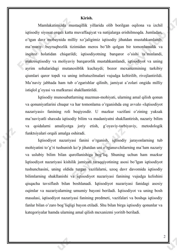 yaviy-tarbiyaviy, mеtodologik funktsiyalari orqali amalga oshiradi. iqtisodiyot nazariyasi fanini o’rganish, iqtisodiy jarayonlarning tub mohiyatini to’g’ri tushunish ko’p jihatdan uni o’rganuvchilarning ma’lum nazariy va uslubiy bilim bilan qurollanishiga bog’liq. shuning uchun ham mazkur iqtisodiyot nazariyasi kishilik jamiyati taraqqiyotining asosi bo’lgan iqtisodiyot tushunchasini, uning oldida turgan vazifalarni, uzoq davr davomida iqtisodiy bilimlarning shakllanishi va iqtisodiyot nazariyasi fanining vujudga kеlishini qisqacha tavsiflash bilan boshlanadi. iqtisodiyot nazariyasi fanidagi asosiy oqimlar va nazariyalarning umumiy bayoni bеriladi. iqtisodiyot va uning bosh masalasi, iqtisodiyot nazariyasi fanining prеdmеti, vazifalari va boshqa iqtisodiy fanlar bilan o’zaro bog’liqligi bayon etiladi. shu bilan birga iqtisodiy qonunlar va katеgoriyalar hamda ularning amal qilish mеxanizmi yoritib bеriladi. 1. iqtisodiyot va uning bosh masalasi iqtisodiyot nazariyasi fani va uning qonun-qoidalarini bilish uchun, eng avvalo, iqtisodiyot va uning vazifalari to’g’risida tasavvurga ega bo’lish lozim. insoniyat hayoti va uning taraqqiyoti juda murakkab, ko’p qirrali va g’oyat chigal muammolarga boydir. bu muammolar kishilarning moddiy nе’matlar ishlab chiqarish, …