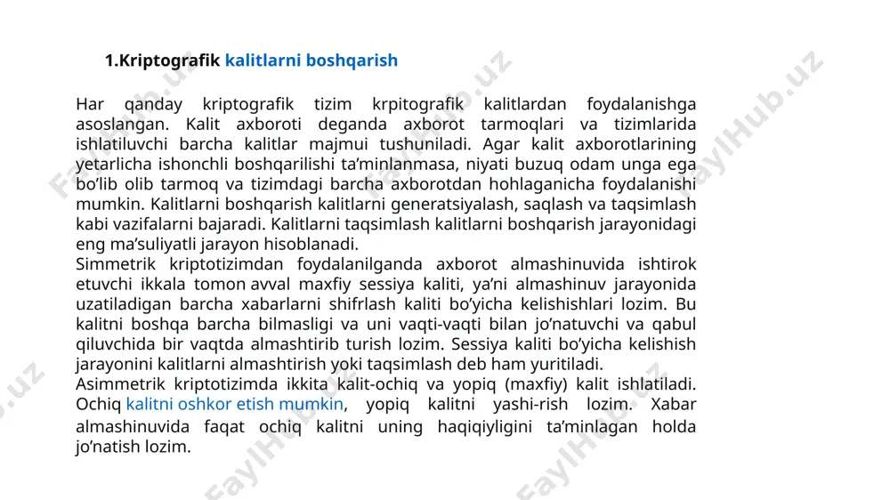kon beradi. bo’lishi mumkin bo’lgan suiiste’mollar tarmoq xavfsizligining jiddiy buzilishiga olib kelishi mumkin. oshkora kriptografiya bundan 32 yil muqaddam diffi-xellman tomonidan ixtiro qilingan. uning simmetrik kriptografiya amalga oshirishi mumkin bo‘lmagan sohalardan birinchisi elektron raqamli imzo bo‘lsa, ikkinchisi maxfiy parametrlarni himoyalanmagan aloqa kanali orqali almashishidir. iap 03416-son patentiga muvofiq, maxfiy kalitlarni generatsiyalash tizimini yaratish hozirgi kunda jahonda keng foydalanilayotgan diffi-xellman usuliga asos bo‘lgan bir tomonlama darajaga oshirish funktsiyasi o‘rniga maxfiy parametr bilan darajaga oshirish funktsiyasidan foydalanishga asoslangan. unda dastlabki aloqa seansida etarli bardoshlilikka ega tub modul asosida oshkora parametrli darajaga oshirish funktsiyasi ishlatilib, dastlabki maxfiy shifrlash kaliti generatsiyalangach, keyingi aloqa seanslarida undan parametr sifatida foydalanilib, katta bo‘lmagan modulda maxfiy shifrlash kalitlarini generatsiyalashga o‘tiladi. bu kriptotizim bardoshliligi va tezkorligini keskin darajada oshirishga imkon beradi. ayni paytda respublikamizning turli sohalarida, shu jumladan, soliq to‘lovi tizimida, axborot-kommunikatsiya sohalarida tatbiq etilayotgan himoyalangan elektron pochta e-xat va himoyalangan elektron xujjat almashuv e-hujjatda mazkur patentga asoslangan autentifikatsiya …