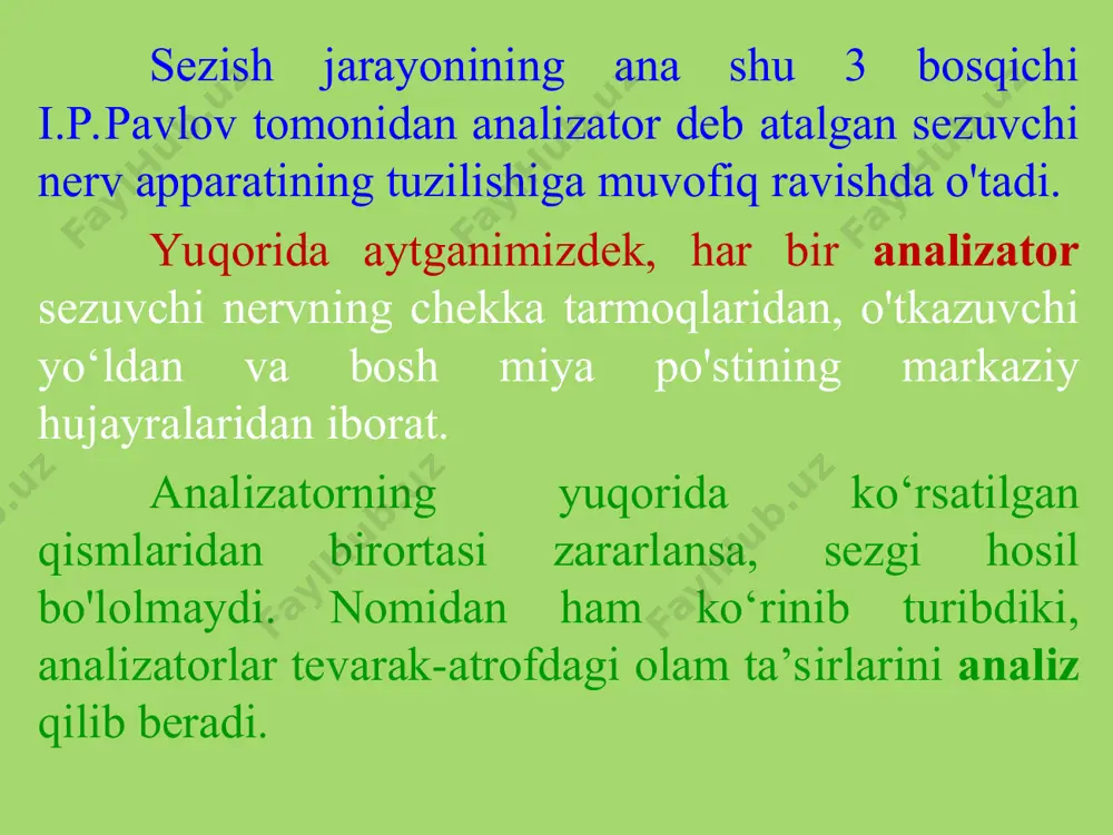 'linadi. oddiy tovushlar tonlar (yoki mikrotovushlar) deb ataladi, masalan, kamertonni jaranglatganimizda tonni sezamiz. ohangli tovushlar murakkab tovush bo'lib, ular bir necha tondan tarkib topadi. shu tonlardan biri asosiy ton bo'lib, tovushning balandligini va kuchini belgilab beradi, boshqalari birga qo'shiluvchi tovushlar bo'lib, obertonlar deb ataladi. obertonlar turli asboblardan, masalan, royal, skripka, gitaradan chiqadigan bir xil balandlikdagi tovushlarning o‘ziga xosligini belgilaydi. tovushlarning ana shu tariqa o‘ziga xosligi tembr deb ataladi. nutq tovushlari ohangli tovushlar (asosan, unli tovushlar) bilan shovqinlardan iborat (shovqinlarda undosh tovushlar ko‘proq bo'ladi). eshitish sezgilari organi quloq bo'lib, u uch qismdan: tashqi quloq, o‘rta quloq va ichki quloqdan iboratdir. tashqi quloq — quloq suprasi bilan eshituv yo‘lidan iborat. tashqi quloq havo to‘lqinlarini yig'uvchi karnay desa bo'ladi. tashqi quloq bilan o'rta quloq o'rtasida bir parda bor, u nog‘ora parda yoki o'rta quloq pardasi deb ataladi. o‘rta quloq — nog'ora parda va unga yopishgan uchta suyakcha: bolg'acha, sandon va uzangidan iborat. nog'ora …