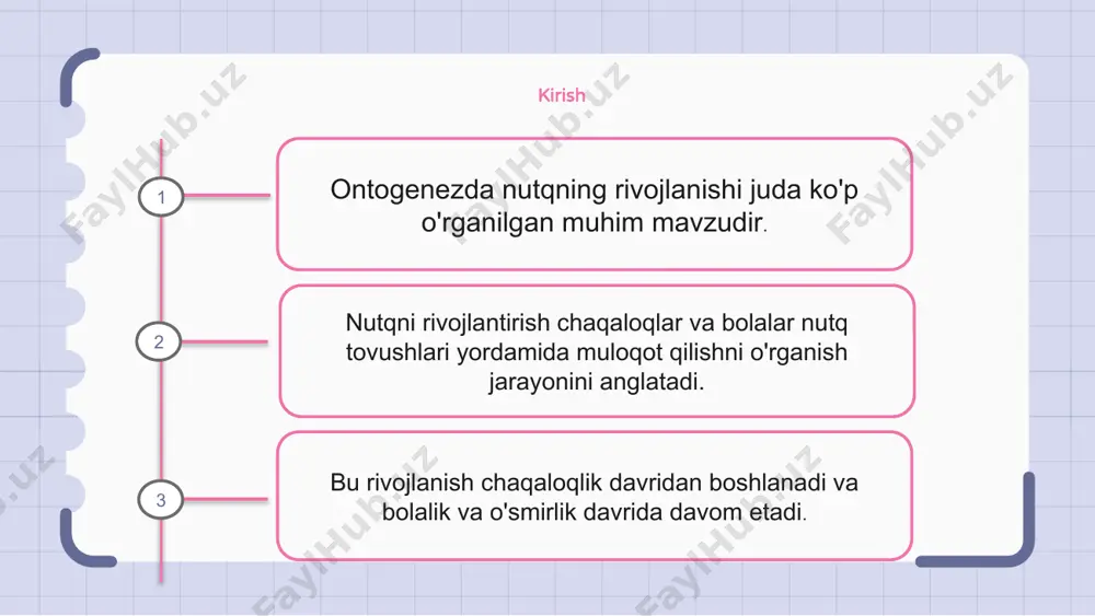 o munosabatlar va tajribalar ta'sir qiladi. gaplashning paydo bo'lishi ontogenezda nutqning rivojlanishi chaqaloqlarda takrorlanadigan bo'g'inlar hosil bo'lgan tildan oldingi bosqich - g'ichirlashning paydo bo'lishini o'z ichiga oladi. gaplash odatda 6 oydan 9 oygacha bo'lgan davrda paydo bo'ladi va til rivojlanishida muhim bosqich hisoblanadi. ushbu bosqichda chaqaloqlar nutq tovushlarini ishlab chiqarishni mashq qiladilar va o'z tilining fonetik imkoniyatlarini o'rganadilar. erta bolalik davrida tilni o'zlashtirish ontogenezda nutqning rivojlanishi erta bolalik davridagi tilni egallashni anglatadi. bu bolalar so'zlar orqali muloqot qilishni va o'zlarini ifoda etishni o'rganadigan hal qiluvchi bosqichdir. erta bolalik davridagi tilni o'zlashtirish asta-sekin tovushlar, so'zlar va jumlalarni tushunish va hosil qilish jarayonini o'z ichiga oladi. bolalar oddiy tovushlar bilan boshlanadi va asta-sekin so'z va jumlalarni shakllantirishni o'rganadi. bu bosqichda bolalarda grammatika va til qoidalari haqida tushuncha ham shakllanadi. ular o'z fikrlarini, his-tuyg'ularini va g'oyalarini etkazish uchun so'z va iboralardan qanday foydalanishni o'rganadilar. 1 2 3 nutq rivojlanishiga ta'sir etuvchi omillar ontogenezda …
