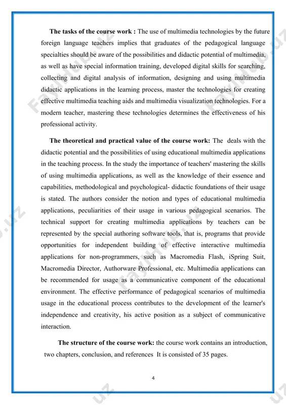 know the methodological basics of using it in the educational process. educators today have the great variety of high-quality multimedia applications, however the goals and techniques of their usage should be understood and followed .multimedia applications give the opportunity to make the reinforcement process less routine and time consuming for all participants of the educational process both for the teacher and for the lerners. based on the type of the educational program and the characteristics of the learners, the multimedia can be used in the game or realistic surroundings, means of rhythmization (individual pace and rhythm of work, pauses, music), the choice of the difficulty level of training tasks, individual selection of training tasks, interactive simulators, etc. thomas b. corcoran state that teachers are to enlarge their knowledge to upgrade the new methods and techniques of teaching to meet new expectations, to critically examine the new content and standards being …