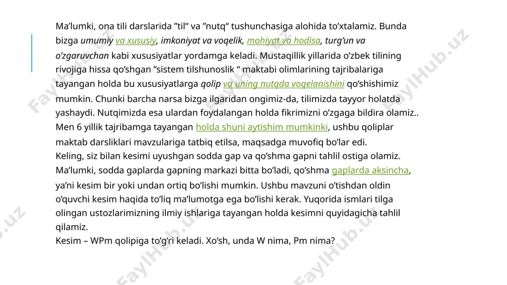 -son qo’shimchasi ifodalanmagan. b) ilm ham bo’lishi lozim:w- ilm ham bo’lish; pm – i (iii shaxs , birlik sondagi egalik qo’shimchasi), lozim (bog’lama) 3-gapning kesimlari- a) yaxshi: w- yaxshi ; pm- ifodalnmagan. b) yaxshi: w- yaxshi ; pm- ifodalanmagan. demak, kesimi uyushgan sodda gapning qolipi w+w…+wpm, qo’shma gapning qolipi wpm+wpm.. +wpm ga to’g’ri keladi. xulosa qilib aytganda, lisoniy sintaktik qoliplar mavzuni tushuntirishda o’qituvchiga ko’mak beradi. bunday yangicha didaktik usul davr talabi hisoblanar ekan, uni maktab dasturlariga kiritish o’rinlidir. foydalanilgan adabiyotlar: 1.ona tili.9-sinf darslik. toshkent, 2019. 2.ona tili.8-sinf darslik. toshkent, 2019. 3.o’zbek tilining struktur sintaksisi.baxtiyor mengliyev.qarshi, “nasaf” nashriyoti, 2003. 4. o’zbek tilida sodda gapning eng kichik qurilish qolipi va uning nutqda voqelanishi. abuzalova mehriniso qodirovna.toshkent, 1994. 5.barkamol avlod orzusi. islom karimov.toshkent, “sharq”, 1999. e’tiboringiz uchun tashakkur /docprops/thumbnail.jpeg