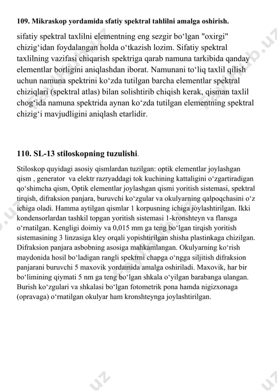 lash kerak. 115. stelaskopda spektral etalondan foydalanish. atom emissiya usuli (atom emission spektroskopiya, qisqacha-aes) erkin atomlar va bir atomlí ionlar tomonidan chiqarilgan juda ko’p spektr chiziqlarini bir vaqtda qayd qilish imkoniyatini beradi. shuning uchun, ham aes ko’p elementli analiz usuli hisoblanadi. usulning bu m uhim afzalligi uni, namunaning tarkibida qanday elementlar borligini aniqlash uchun ya’ni, sifat analizi uchun qo’ilashga imkon beradi. ananaviy atomlash manbalari ichida sifat analizi o ’tkazish uchun eng m a’quli yoy razryadi hisoblanadi. bu yoy razryadini stiloskopda hosil qilib spectral tahlilni o’tqazish mumkin. 116. temir spektrining binafsha rangli qismini toppish. 117. dfs-52 spektrometrining ishlash prinspi. panjara tomonidan dispersiyalangan ya’ni, to’lqin uzunliklariga qarab spektrga ajratilgan yorug’lik 7 ko’zguning kamera ob’ektivi vazifasini bajaruvchi qismi tomonidan 9 fotoplastinka yoki fotoplyonkaga fokuslanadi. spektrografning fokus masofalari 61, 150 va 209 mm bo’lgan kondensorlardan iborat yoritish sistemasi 1.14 - rasmda ko’rsatilganiday tegishli joylarga o ’m atilganda tirqishni xromatik kamehiliksiz bir tekis yoritilishini ta’minlaydi …