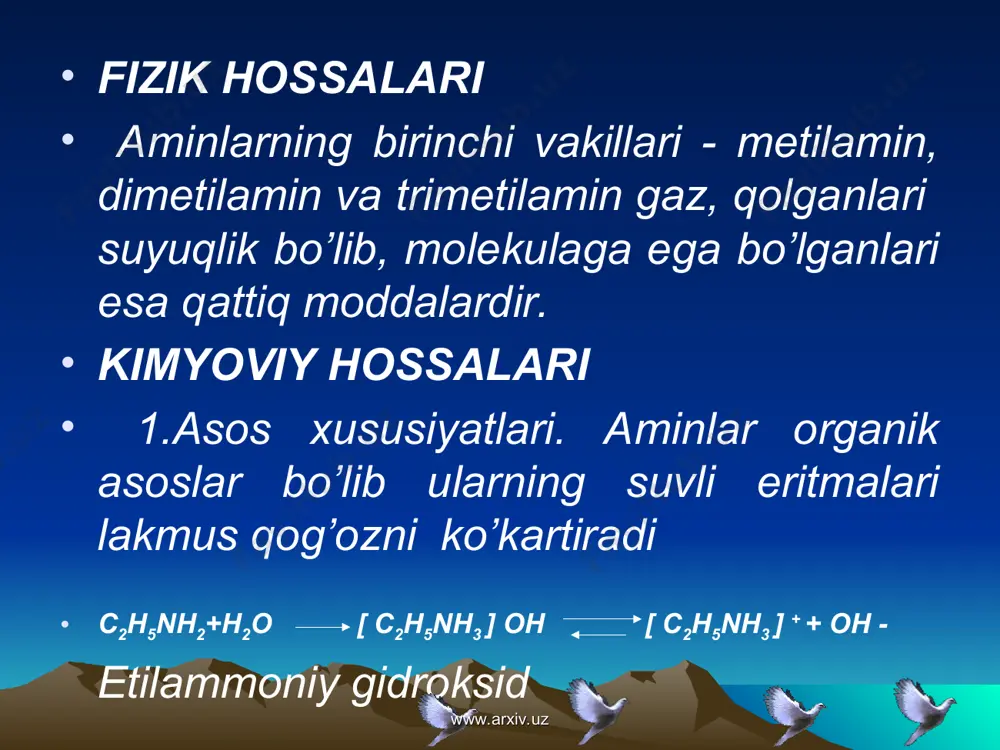 bo’lgan nomlarga oxirgi karboksil gruppa bilan nomlangan aminokislota nomiga qo’shib o’qish bilan xosil bo’ladi. masalan: nh2 – ch2 – c – nh – ch2 – c – nh –ch2 – cooh o o glitsin glitsil glitsin peptidlar deb, oqsillar asosini tashkil etuvchi ikki yoki undan ortiq aminokislotalarni polikondensatlanish natijasida xosil bo’lgan moddalarga aytiladi. xar qanday peptidlar molekulalar uchun zanjirdan tashkil topib ikki uchga ega, birinchi uchi amino gruppa - nh2 xisobiga azot bilan tugaydi, ikkinchi uchi esa karboksil gruppa - cooh xisobiga uglerod - c bilan tugaydi. www.arxiv.uz www.arxiv.uz 1.aminlar, organik sintezda, katalizator sifatida, sintetik tolalar (geksametilen-diamin) olishda, bo’yoqlar ishlab chiqarishda va meditsinada (ogriqni qoldiruvchi)dori sifatida ishlatiladi. 2.α-aminokislotalar barcha oqsillar tarkibiga kirib xayot uchun zarur bo’lgan oqsil moddalarning asosini tashkil etadi. 3.α-aminokislotalar tirik organizmda muxim rol o’ynasada sanoatda ayrim aminokislotalar sintetik tola - kapron va enant olishda muxim axamiyatga ega. www.arxiv.uz www.arxiv.uz x u l o s a 1.demak aminlar …
