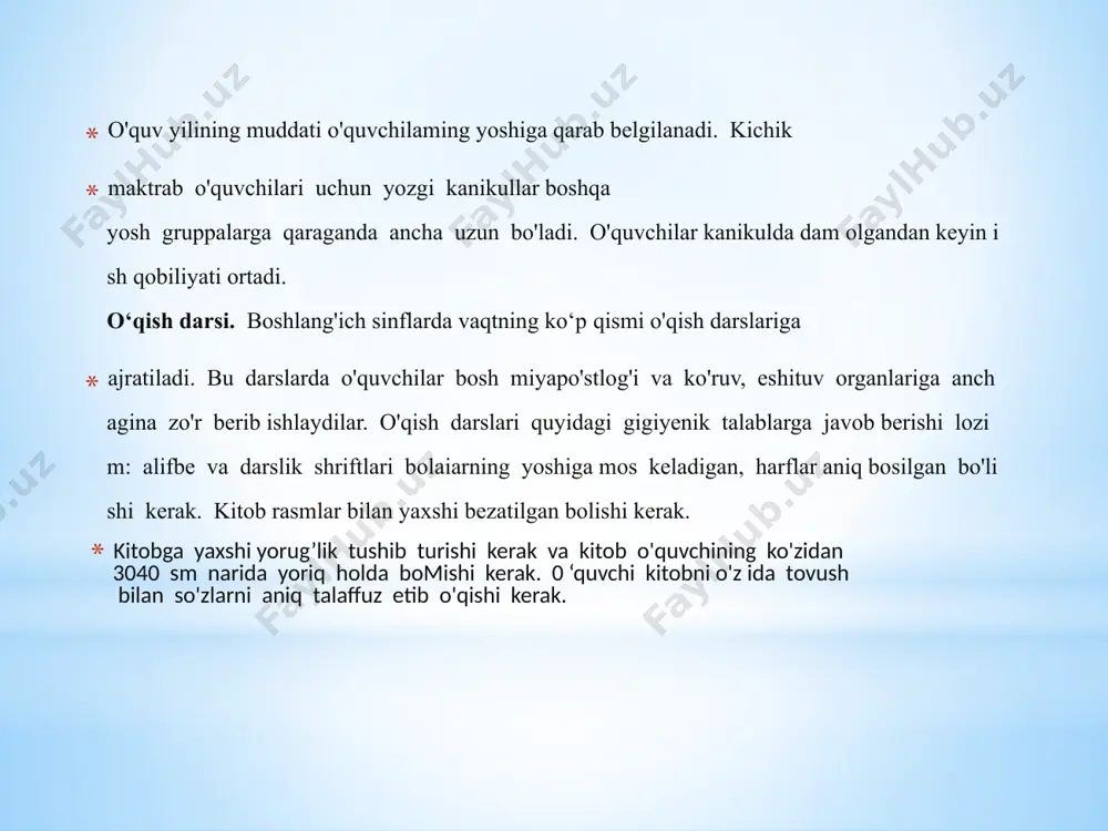 krak qafasi va qorin bo'shlig'idagi organlar bosilib qoladi, bu esa nafas olish va chiqarishni qiyinlashtiradi. uy vazifalarini tayyorlash . uyda bajariladigan o‘quv mashg'ulotlari reglamenti 1 sinf o‘quvchilari uchun 30 minutdan 1 soatgacha, 2sin f o'quvchilari 1,5 soat,iii, iv sinf o‘quvchilari esa 1,5.2 soatgacha vaqt sarflaydigan qilib tuziladi. topshiriqlar haddan tashqari ko’p bo‘lmasligi kerak. uy vazifalarini bajarganda. o‘quvchi darslarni tayyorlashi uchun uyda bir burchakni yoki alohida dars xona ajratib berish kerak. o‘quvchi dars tayyorlaganda yorug‘lik chap tamondan tushishi kerak. bolalar va o‘smirlarning mehnat ta’limi gigiyenasi. yosh avlodni jismonanbaquvvat va odob-axloqli qilib tarbiyalashda politexnik ta’lim muhim ahamiyatgaega. maktablarda barcha sinflarda m ehnat darslari o ‘tilishi kerak.mehnat ta ’limi bolalar va o ‘smirlar organizmining yoshga xos xususiyatlari, gigiyena talablari asosida tashkil etilganda, bolalar sog'lig'ini mustahkamlaydi, jismoniy rivojlanishini yaxshilaydi, ulami ongli, intizomli qilib tarbiyalashga imkon beradi. ilmiy bo'lim mudiri m ehnat o'qituvchilari bilan birgalikda mehnat darslarini hafta o ‘rtasiga qo‘yishi kerak. mehnat darslarida o'quvchi …