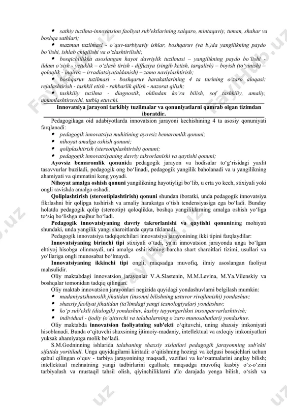zda tutadi. murakkab va progressiv yangilanishga olib keluvchi ma'lum unsurlarning yig‘indisi shartli yangilik hisoblanadi. mahalliy yangilik konkret ob'ektda yangilikning foydalanishi bilan belgilanadi. sub'ektiv yangilik ma'lum ob'ekt uchun ob'ektning o‘zi yangi bo‘lishi bilan belgilanadi. ilmiy yo‘nalishlarda yangilik va innovatsiya tushunchalari farqlanadi. yangilik - bu vositadir: yangi metod, metodika, texnologiya va boshqalar. v.i. zagvyazinskiy yangi tushunchasiga ta'rif berib, pedagogikadagi yangi bu faqatgina g‘oya emas, balki hali foydalanilmagan yondashuvlar, metodlar, texnologiyalardir, lekin bu pedagogik jarayonning unsurlari majmuan yoki alohida olingan unsurlari bo‘lib, o‘zgarib turuvchi sharoitda va vaziyatda ta'lim va tarbiya vazifalarini samarali hal etishning ilg‘or boshlanmalarini o‘zida aks ettiradi. r.n.yusufbekova pedagogik yangilikka o‘qitish va tarbiya berishda avval ma'lum bo‘lmagan va avval qayd qilinmagan holat, natija, rivojlanib boruvchi nazariya va amaliyotga eltuvchi pedagogik voqyelikning o‘zgarib turishi mumkin bo‘lgan mazmuni sifatida qaraydi. pedagogik innovatsiyada r.n.yusufbekova innovatsion jarayon tuzulmasining uch blokini farqlaydi: birinchi blok - pedagogikadagi yangini ajratish bloki. bunga pedagogikadagi yangi, pedagogik yangilikning tasnifi, yangini …
