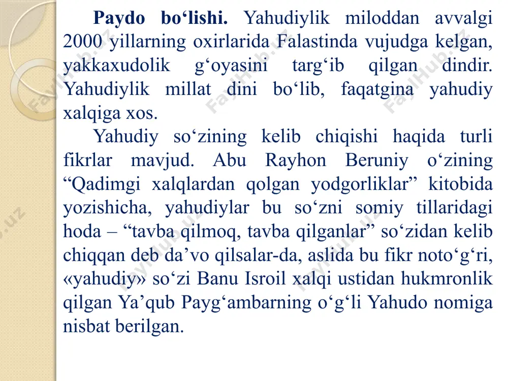 va, qo‘qon va buxoro jamoalariga bo’linib ketdi. rossiya tomonidan o‘rta osiyoning ma’lum bir qismining bosib olinishi yana yahudiylarning turkiston muxtoriyati va buxoro amirligi jamoalariga bo‘linib ketishiga olib keldi. yahudiylik millat dini bo‘lganligi uchun yahudiylar qaerda bo‘lmasin, biri- ikkinchisidan qancha uzoq bo‘lmasin, o‘qiydigan kitobi – tavrot, e’tiqod qiladigan dini yagona bo‘lib qolaverdi. www.arxiv.uz o‘rta osiyolik yahudiylarni buxoro yahudiylari deyilsa ham, ular ko‘proq samarqandda yashaganlar. xviii asrning o‘rtalarida nodirshoh samarqandni bosib olganida uning lashkarlari orasida turklar, lazginlar, afg‘onlar, eroniylar, shuningdek, yahudiylar bo‘lganlar. ular samarqandning shoh-kash, chor-raga, novadon, qo‘shhovuz kabi guzarlarida yashab qolganlar. buxoro hukumati nodirshoh davrida yahudiylarga nisbatan yumshoq muomalada bo‘lgan. www.arxiv.uz buxoroda ham, uning shahrisabz, kattaqo’rg’on, karmana kabi viloyatlarida ham yahudiylarni musulmonlardan ajralgan holda alohida yashashga majbur edilar. 1843 yilning bahorida mahalliy yahudiylarga samarqandning sharqiy qismidan 2,5 gektar joyni 10000 kumush tangaga sotish haqidagi shartnoma tuzildi. bu shartnomani yahudilardan 32 kishi imzoladi, davlat uning haqiqiyligini to’rt muhr bilan tasdiqladi. shunday qilib, …