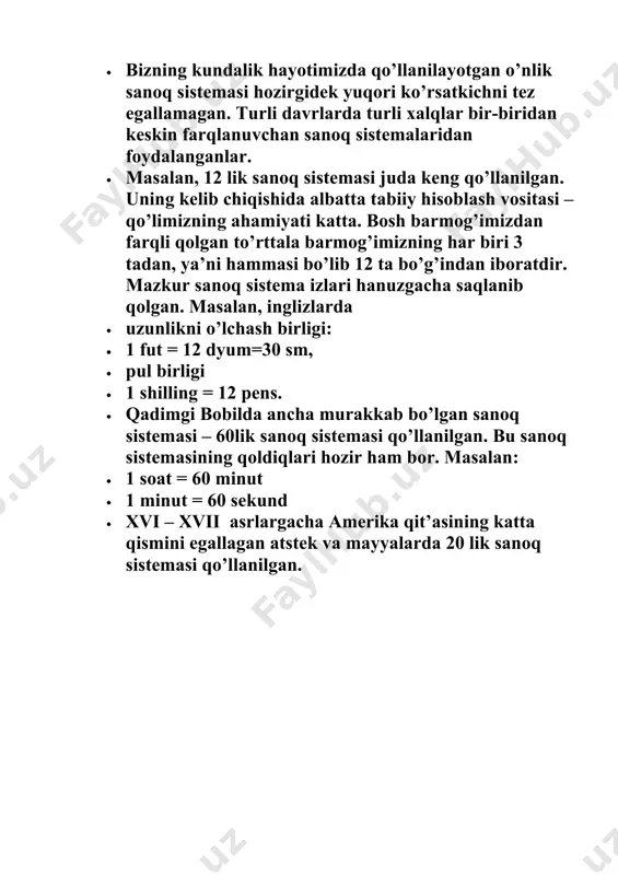 2.2. o’n oltilik sanoq sistemasida amallar bajarish · 2.3. turli asosli sanoq sistemasidagi sonlarni 10 asosli sanoq sistemasiga o’tkazish. · xulosa · foydalanilgan adabiyotlar /docprops/thumbnail.emf sanoq sistemalarda amallar bajarish. kirish  kirish  i bob. sanoq sistemalari haqida  1.1. tarixiy ma’lumotlar  1.2. sanoq sistemalari turlari  1.3. pozitsiyali sanoq sistemalari  ii bob. sanoq sistemalarida amallar bajarish  2.1. ikkilik sanoq sistemasida amallar bajarish  2.2. o’n oltilik sanoq sistemasida amallar bajarish  2.3. turli asosli sanoq sistemasidagi sonlarni 10 asosli sanoq sistemasiga o’tkazish.  xulosa  foydalanilgan adabiyotlar