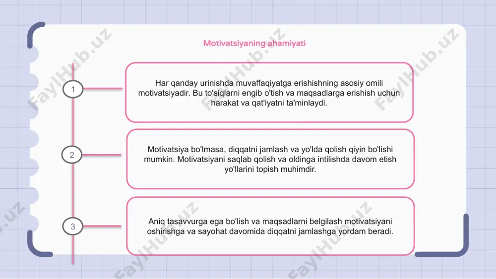 arni ta'minlash, mazmunli ishni taklif qilish va ish va hayot muvozanatini ta'minlash ish joyidagi muhim motivatsion strategiyalardir. motivatsiya va maqsadni belgilash motivatsiya - bu bizni maqsadlarimizga erishish va vazifalarimizni bajarishga undaydigan harakatlantiruvchi kuchdir. maqsadlarimizga erishish uchun diqqatni jamlash va qat'iyatli bo'lish uchun motivatsiyaga ega bo'lish muhimdir. maqsadni belgilash - bu biz erishmoqchi bo'lgan aniq va erishish mumkin bo'lgan maqsadlarni belgilash jarayoni bo'lib, u bizning harakatlarimizga yo'nalish va maqsad berishga yordam beradi. shaxsiy rivojlanishda motivatsiyaning roli motivatsiya shaxsiy rivojlanishda hal qiluvchi rol o'ynaydi. bu bizni maqsadlar qo'yish, qiyinchiliklarni engish va muvaffaqiyatga erishishga undaydigan harakatlantiruvchi kuchdir. motivatsiya bizga harakat qilish va hayotimizda ijobiy o'zgarishlar qilish uchun energiya va qat'iyat beradi. bu bizga diqqatimizni jamlashimizga va shaxsiy o'sish sayohatimizga sodiq qolishimizga yordam beradi. motivatsiya bo'lmasa, harakatlarimizda g'ayratli va izchil bo'lib qolish qiyin bo'lishi mumkin. bu bizni oldinga siljitadigan va hatto to'siqlarga duch kelganimizda ham motivatsiyani saqlaydigan yoqilg'i. 1 2 3 ta'limda motivatsiyani rivojlantirish …