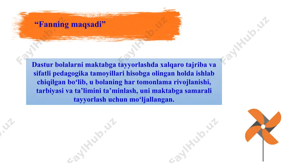 davlat talablari» asosida amalga oshiriladi maktabgacha ta’lim tashkiloti oʻquv va tarbiyaviy faoliyatni oʻquv yillari boʻyicha tashkil qiladi oʻquv yili 2-sentabrda boshlanadi va 31-maygacha davom etadi toʻliq va notoʻliq tayyorlov guruxlarida talim-tarbiyaviy jarayonxaftasiga 15 soatdan kam boʻlmagan xajmda tashkil etadi 6-mavzu. maktab ta’limiga tayyorlashni rejalashtirish rejalashtirish-zarur shart-sharoitlarni, foydalaniladigan vositalar, shakllar va metodlarni koʻrsatish bilan ta’limiy – tarbiyaviy ishlarni amalga oshirish ketma – ketligini, tartibini oldindan belgilashdir. ta’limiy – tarbiya faoliyati rejalashtirishning quyidagi turlarga ajratib koʻrsatiladi: – yillik mavzuviy rejalashtirish – xaftalik rejalashtirish rejalashtirish - titul varagʻi; - xavo iliq va sovuq vaqtlarda guruxning kun tartibi; - ertalabki badantarbiya majmuasi; -sentabrdan avgust oyigacha guruxdagi talim jarayonini rejalashtirish(oʻz ichiga ertalabki lineyka , sayrlar,ota-onalar bilan suxbatlarni oladi); - xaftalik ishlar taxlili; - ilovalar; yillik mavzuli reja haftalik ish reja yillik mavzuviy rejada oy va xafta mavzulari aks yetadi. pedagogning ishchi jurnali xaftalik ish reja mavzuviy rejaga tayanadi va oʻz ichiga xaftalik kichik mavzularni, shu …