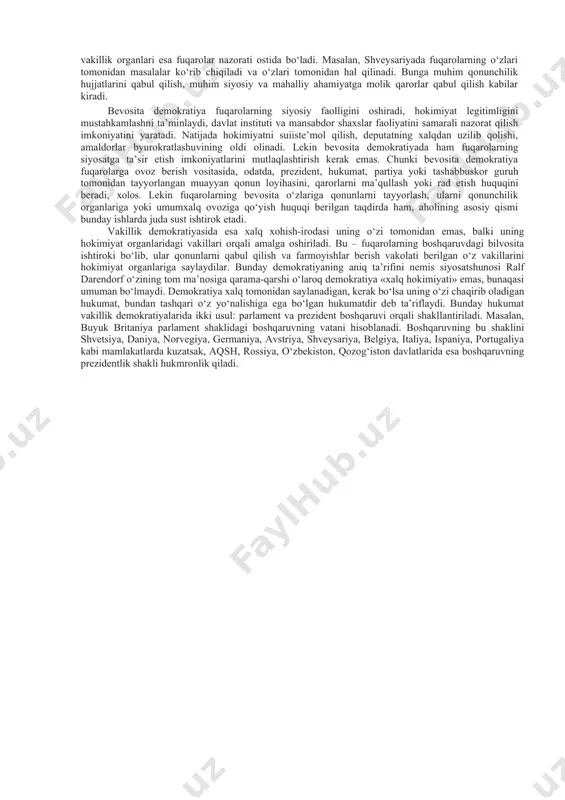 on xalq hokimiyati bo‘lgan emas, chunki bunday holda u nodavlat, ijtimoiy o‘z- o‘zini boshqarishni bildiradi. aslida «demokratiya» tushunchasi o‘zi paydo bo‘lgan zamonlardan boshlab davlat bilan, demak, majburlash bilan bog‘langan. shu sababli, demokratiya eng yaxshi ma’noda ko‘pchilikning kamchilik ustidan hokimiyati hisoblanadi, ko‘pincha esa ko‘p yoki kamroq darajada xalq nazoratida bo‘luvchi, yaxshi tashkil etilgan ozchilikning boshqaruv shaklidir. demokratiya – siyosiy tizimni tashkil etishning usuli. yuqori- dagilarga ko‘ra, hokimiyat – odamlar bir guruhining ikkinchi bir guruh ustidan hokimiyatini bildiradi. shu bois «demokratiya» xalqni hokimiyat subyekti sifatida qaraydi, lekin hokimiyatga ta’sir etuvchi obyekt sifatida qayd etmaydi. tabiiyki, demokratiya termini o‘z etimologik ahamiyatiga qaraganda bizning zamonda ancha keng mazmun – mohiyat kasb etadi. bugungi kunda demokratiyaga jamiyatning davlat-siyosiy qurilishi shakli sifatida qarash keng tarqalgan va bunday demokratiya hokimiyat subyekti va manbasi sifatida xalqni nazarda tutadi. hozirgi vaqtda demokratiya xalqni hokimiyat manbai deb e’tirof etuvchi, fuqarolar tengligi, ozchilik huquqlarini himoyalovchi, davlatning asosiy organlari – saylovlar natijasida …
