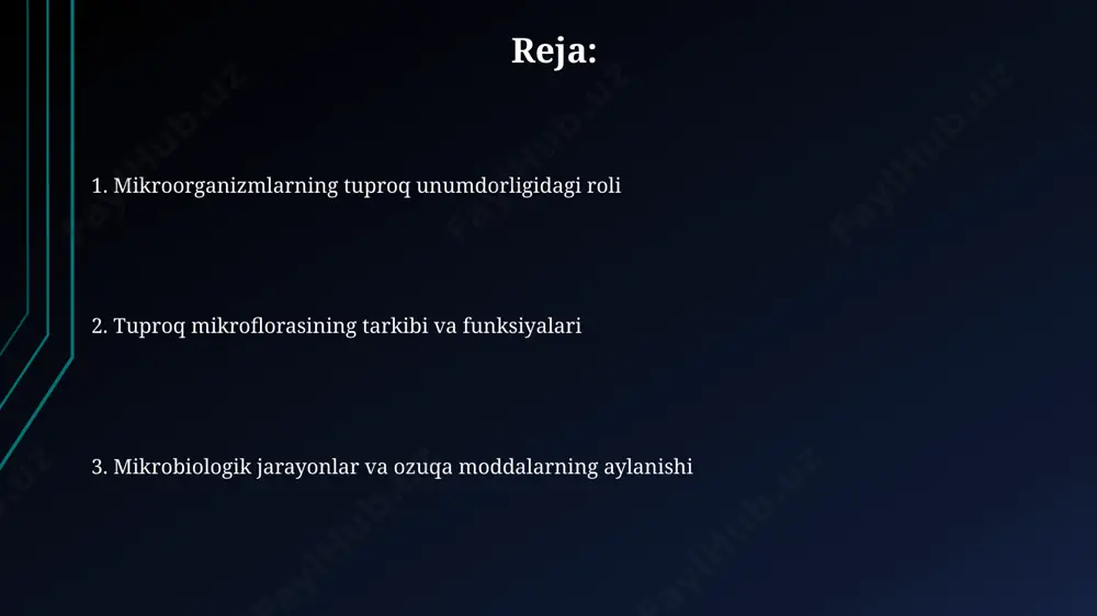oorganizmlarni tashkil qiladi, ularning faoliyati tuproq unumdorligini belgilaydi. mikroorganizmlar tuproqdagi organik moddalarni mineralizatsiyasi jarayonida ishtirok etib, o'simliklar uchun muhim bo'lgan azot, fosfor va kaliy kabi elementlarni o'simliklar oson o'zlashtira oladigan shaklga aylantiradi. tuproq agregatlarining shakllanishida 70% gacha mikroorganizmlar tomonidan ishlab chiqarilgan polisakkaridlar ishtirok etadi, bu esa tuproqning suv va havo o'tkazuvchanligini yaxshilaydi. tuproq unumdorligini oshirishda mikrobiologik preparatlar mikrobiologik preparatlar tuproq unumdorligini 20-30% ga oshirishi mumkin, bu esa hosildorlikni sezilarli darajada yaxshilashga yordam beradi. fosfor va kaliyni erituvchi mikroorganizmlarni saqlovchi preparatlar o'simliklarning mineral oziq moddalarga kirishiga yordam beradi, bu esa o'sish sur'atini 1,5-2 barobar oshiradi. azot fiksatsiya qiluvchi bakteriyalarni o'z ichiga olgan preparatlar, tuproqqa 15 kg/ga gacha qo'shimcha azot ta'minlaydi, bu kimyoviy o'g'itlarga bo'lgan ehtiyojni kamaytiradi. organik moddalarning mineralizatsiyasi organik moddalarning mineralizatsiyasi jarayonida 100 kg organik moddaning 50-70 kg gacha uglerod dioksidga aylanishi kuzatiladi, bu esa tuproqning havo almashinuvi va tuzilishiga ta'sir qiladi. mineralizatsiya jarayonida fosfor, azot va kaliy kabi o'simliklar …