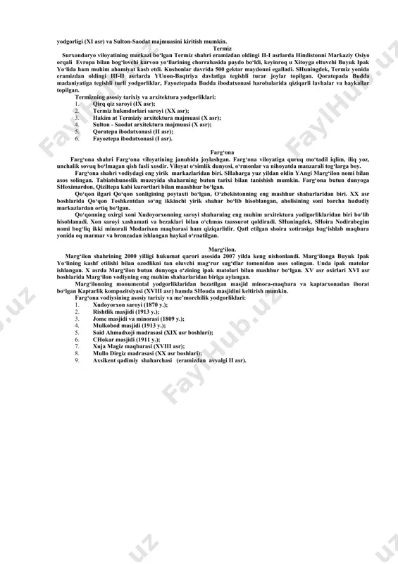 bga chiqqan xorijiy sayyohlar uni «butun dunyoga yuz ochgan shahar», «ming bir kechadagi afsona va ertaklar shahri» deya atamokda. «musulmon dunyosining qimmatbaho durdonasi»ga dunyonning turli burchaklaridagi dindorlarning ham qiziqishlari cheksiz. ular uchun samarqand «alloh, panohidagi shahar»dir. o‘rta asr manbalarida ham shaharni shunday deb ataganlar. samarqand 2750 yillik tarixga ega. temuriylar sulolasi davrida solingan arxitektura yodgorliklari ahamiyati jihatidan qadimgi misr, xitoy, hindiston, yunoniston va rimdagi arxitektura durdonalaridan sira ham qolishmaydi. qadimiy samarqandning markazi bo‘lgan registon xv-xviii asrlardagi markaziy osiyo bunyodkorligining yuksak misollaridan biridir. maydon uch tomondan ulug‘bek, sherdor va tillakori madrasalari bilan o‘ralgan. registon shaharning asosiy yo‘llari chorrahasida joylashgani uchun aynan shu erda hukmdorlarning farmonlari xalqqa e’lon qilingan, savdo avjida bo‘lgan. samarqand shahrining janubida joylashgan go‘ri amir maqbarasida (xiv-xv asrlar) amir temur, mirzo ulug‘bek kabi temuriylar sulolasi vakillari dafn etilgan. temuriylar davrida samarqand yanada gullab yashnagan edi. shahar yaqinidagi qadimiy afrosiyobdan topilgan sopol idishlar, haykalchalar bilan afrosiyob muzeyida tanishish mumkin. samarqandda …