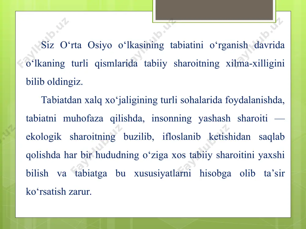 efemeroid o‘simliklar o‘smaydi. qishda markaziy osiyo antisiklonining ta’siri kuchli bo‘lib, havo juda sovib ketadi. yoz ancha issiq bo‘lsa ham, turon kichik o‘lkasidagidek juda yuqori harorat kuzatilmaydi. qozog‘iston va turon kichik o‘lkalari o‘rtasidagi chegara qorabo‘g‘ozgo‘l janubi, ustyurtning janubiy chinklari orqali o‘tib, qo‘ng‘irotgacha keladi. undan sharq tomonga davom etib, qizilo‘rdagacha boradi. so‘ngra qoratov, talas olatovi va farg‘ona tog‘ tizmalarining suvayirg‘ichlari bo‘ylab o‘tib, otboshi, oloy, farg‘ona tog‘ tizmalari tutashgan joyga boradi. tog‘larda bahor va yoz fasllari kechikadi, kuz, qish erta tushadi. yoz qisqaroq, kuz uzoqroq davom etadi. shamolga ro‘para yonbag‘irlarda yog‘in miqdori ortadi. havoning harorati yuqoriga ko‘tarilgan sari pasayadi. tog‘larga xos bo‘lgan tog‘-vodiy, yonbag‘ir shamollari esadi. vodiylar og‘zida mahalliy shamollar vujudga keladi. farg‘ona vodiysi mirzacho‘l tekisligi bilan tutashib turadigan «xo‘jand yo‘lagi»da mahalliy bekobod va qo‘qon shamollari vujudga keladi. iqlimdagi bu o‘zgarishlar boshqa tabiat komponentlarida ham o‘zgarishga sabab bo‘ladi. tog‘larda balandlik mintaqalari yuzaga keladi. yonbag‘irlarning qaysi tomonga qaraganiga bog‘liq holda, tabiat manzarasi o‘zgaradi. bunday …