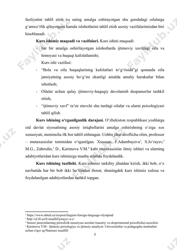 perimental psixofizika) asoschisi] [4: karimova v.m - ijtimoiy psixologiya va ijtimoiy amaliyot: universitetlar va pedagogika institutlari uchun o'quv qo'llanmasi muallifi] kurs ishining tuzilishi. kurs ishimiz tarkibiy jihatdan kirish, ikki bob, o‘z navbatida har bir bob ikki bo‘limdan iborat, shuningdek kurs ishimiz xulosa va foydalanilgan adabiyotlardan tashkil topgan. i bob. oila tushunchasi va uning jamiyat asosini tashkil etishi 1.1. oila tushunchasi va uning ijtimoiylashuvi oila qon-qarindoshlik, qarindoshchilik (nikoh orqali) yoki birga istiqomat qilish orqali bogʻlangan odamlardan iborat ijtimoiy guruhdir. koʻp jamiyatlarda oila bolalar ijtimoiylashuvi uchun asosiy institut vazifasini oʻtaydi. antropologlar oilalarni matrilokal (ona va uning bolalari), er-xotin (bolalari boʻlsa, nuklear oila deyiladi) va qon-qarindosh (nuklear oila va qaynata-qaynana birga yashovchi) tiplarga ajratishadi. oila — nikoh yoki tugʻishganlikka asoslangan kichik guruh. uning aʼzolari roʻzgʻorining birligi, oʻzaro yordami va maʼnaviy masʼuliyati bilan bir-biriga bogʻlangan. oilaning eng muhim ijtimoiy vazifalari — inson zotini davom ettirishdan, bolalarni tarbiyalashdan, oila aʼzolarining turmush sharoitini va boʻsh vaqtini …