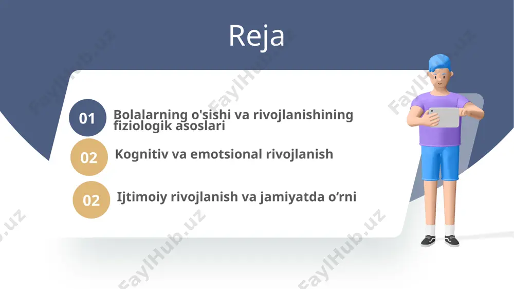 shni o‘rganadi (tug‘ilishdan 2 yoshgacha). 01 bolalarning o'sishi va rivojlanishining fiziologik asoslari bolalarning o'sishi va rivojlanishi jarayoni biologik va fiziologik jarayonlar bilan chambarchas bog‘liq. bola tug‘ilgandan so‘ng uning organizmi tez o‘sib, turli biologik tizimlar rivojlanadi. bu jarayon nafaqat tana o‘sishi, balki nerv tizimi, muskullar, ichki organlar va immun tizimining rivojlanishini ham o‘z ichiga oladi. misol uchun, birinchi yil davomida bola vaznining ikki baravarga ortishi, uzunligi esa sezilarli darajada uzayishi kuzatiladi. yangi tug‘ilgan chaqaloqlar miya rivojlanishida ham muhim bosqichlarni bosib o‘tadilar. miyaning neyron tarmoqlari shakllanib, bola turli stimuli va muhitga moslashishga o‘rganadi. ppt下载 http://www.1ppt.com/xiazai/ 02 kognitiv va emotsional rivojlanish bolaning o‘sishi va rivojlanishida uning kognitiv (bilish) va emotsional jihatlari ham katta ahamiyatga ega. kognitiv rivojlanish – bu bolaning o‘rganish, tafakkur qilish, mantiqiy fikrlash va dunyoni anglash qobiliyatining shakllanishidir. bu jarayonning rivojlanishiga jean piagetning "kognitiv rivojlanish nazariyasi" yondashuvi asosida batafsil tahlil qilish mumkin. piaget bolalar rivojlanishini to‘rt bosqichga ajratadi: sensorimotor bosqich (yangi …