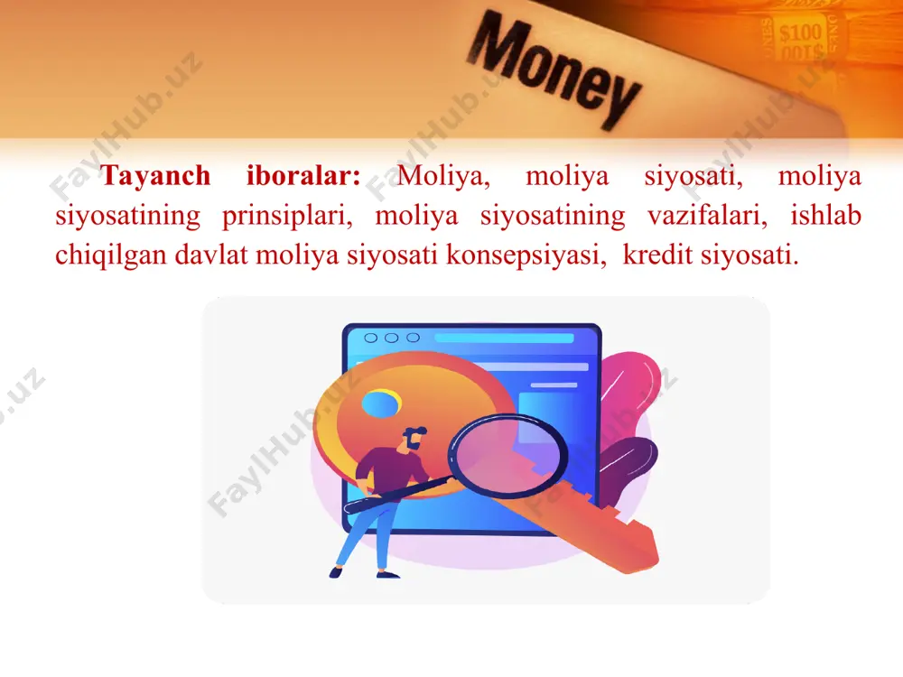 oliya tizimi bo‘g‘inlarining o‘ziga xos xususiyatlarini inobatga olib moliyaviy boshqaruvni amalga oshirish; • barcha moliyaviy muassasalar funksiyalarining umumiyligi; • barcha quyi boshqaruv organlarining faol ishtirokida markazdan umumiy boshqarish. moliyaviy siyosatni amalga oshirishning asosiy metodologik prinsiplari quyidagilardan iborat: • oxirgi maqsadga bog‘liqlik; • xo‘jalikdagi barcha tarmoqlaming makroiqtisodiy mutanosibligi; • jamiyat a’zolarining manfaatlariga muvofiqligi; • haqiqiy imkoniyatlar asosida ichki va tashqi iqtisodiy sharoitlarni hisobga olish. * moliyaviy siyosat dasturlarini (uzoq, o‘rta va qisqa muddatli) bajarish uchun moliyaviy resurslarni jalb qilish, ularni taqsimlash va qayta taqsimlashga yo‘naltirilgan davlat tadbirlari majmui ta’minlaydi. bu tadbirlar orasida moliyaviy munosabatlarning shakllari va normalarini huquqiy tartibga solish muhim o‘rin egallaydi. * moliyaviy siyosatning mazmuni u qamrab oladigan moliyaviy munosabatlar rivojlanishi yo‘nalishlarining umumiy ko‘lami bilan belgilanadi. ularning tarkibiga quyidagilar kirishi mumkin: • moliyaviy siyosatning umumiy konsepsiyasini (maqsadlari, prinsiplarini, vazifalarini, amalga oshirish bosqichlari va eng samarali metodlarini) ishlab chiqish; • makrodaraja va bozor iqtisodiyoti sub’ektlari darajasida iqtisodiy o‘sishni rag‘batlantiradigan bozor …