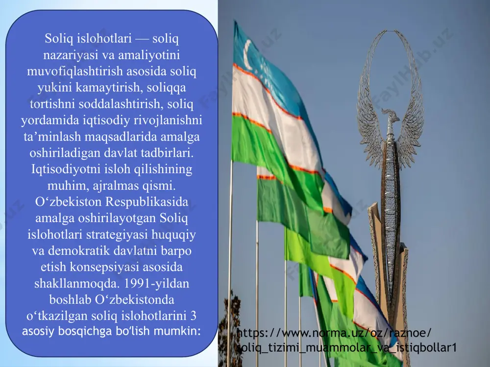 nlashga salbiy ta'sir ko'rsatuvchi, xo'jalik yurituvchi sub'ektlarni soliq va bojxona, shu jumladan individual xususiyatga ega bo'lgan imtiyozlar hisobiga qo'llab-quvvatlashamaliyotining keng tarqalganligi; https://www.norma.uz/oz/raznoe/soliq_tizimi_muammolar_va_istiqbollar1 beshinchidan, davlat organlari va tashkilotlari o'rtasida axborot almashish mexanizmlarining, elektron soliq ma'muriyatchiligi hamda soliq nazoratini amalga oshirish shakl va uslublarining takomillashmaganligi; oltinchidan, o'tkaziladigan nazorat tadbirlarining sifatiga salbiy ta'sir ko'rsatuvchi va insofli tadbirkorlik sub'ektlarining faoliyatiga aralashishlarni kamaytirishga to'sqinlik qiluvchi nazorat faoliyatini amalga oshirishda xavf-xatarlarni tahlil qilish va boshqarishning aniq tizimi yo'qligi; https://www.norma.uz/oz/raznoe/soliq_tizimi_muammolar_va_istiqbollar1 xulosa o‘rnida shuni aytib o‘tish lozimki :mustaqillik yillardan keyin soliq tizimini rivojlantirish uchun ko’plab islohotlar o‘tkaziladi.ularni tartiga solish uchun alohida vakillar tayinlanadi. shu tariqa o‘zbekistonda soliq tizimi takomillashtiriladi foydalanilganadabiyotlar ro‘yxati: 1.o‘zbekiston respublikasi soliq kodeksi-toshkent: g‘afur g‘ulom nashriyot uyi 2020.-640 b. 2.normurzayev u. x. 2021 yildagi soliqma’murchiligi hamda soliqkodeksiga kiritilgan o‘zgartirish va qo‘shimchalar yuzasidan //internauka. image1.png image2.jpg image3.png image4.jpg image5.jpeg image6.png image7.png image8.png image9.png image10.jpg image11.png image12.png image13.png /docprops/thumbnail.jpeg