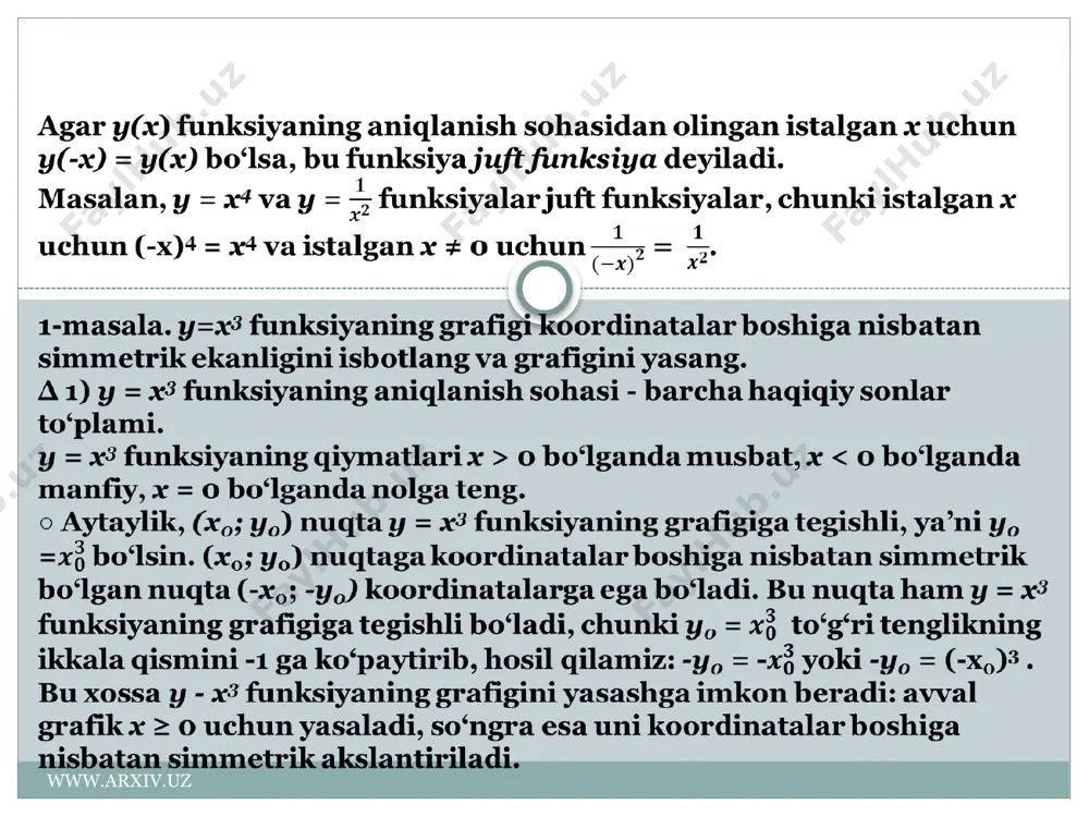 funksiyaning aniqlash sohasidan olingan istalgan x uchun y(-x) = -y(x) bo`lsa, bu funksiya toq funksiya deyiladi. www.arxiv.uz image5.jpeg image6.png