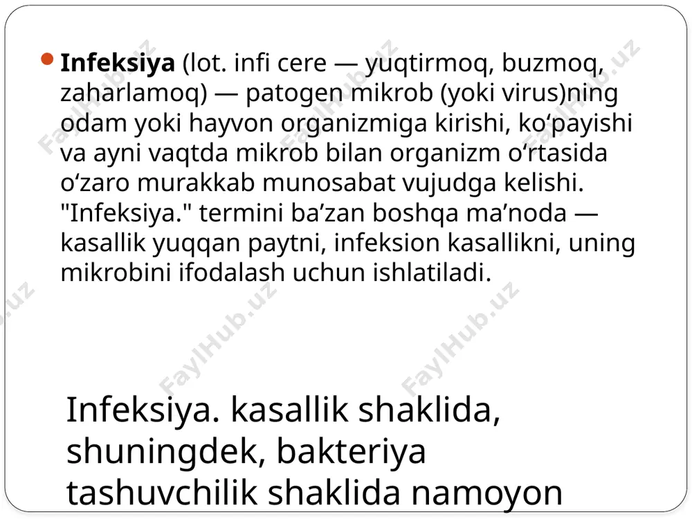 ni muayyan biologik turning organizmda yashashi (mas, qizamiqvirusi faqat odam orga-nizmida parazitlik qiladi) va faqat oʻzi uchun harakterli infeksion kasallikni qoʻzgʻatishi; 2) virulentligi, yaʼni kasallikka nechogʻli sabab boʻla olishi 3) muayyan aʼzolarda (aksari ichki aʼzolarda) joylasha olishi (mas, gonokokk siydik yoʻllari bilan koʻz shilliq pardasida;stafilakokklar va streptakokklar jinsiy a'zolarda; meningokokk miya pardalarida, dizenteriya tayoqchalari yoʻgʻon ichak de-vorida yashab koʻpayadi). manba inter 12 manba internet manba internet dezenteriya gospital infeksiya bu mikroblar orqali kelib chiqadigan har qanday kilinik ifodalangan kasallik bolib kasalhonada bo’lgan bemorda yuzaga keladi bazan nafaqat bemorlarda balki hamkasb shifokorlarda ham uchrab turadi 16 gospital infeksiya yuqish yo’llari aerozolli-hova tomchilari orqali. kantaktli boshqalar bilan bo’lgan aloqalari. fekolno orol yo’li bevosita oziq ovqat va ichimlik orqali . gemokantakt yo’li orqali . artifitsial xirugik anjomlar orqali manba :102 b gurx talabasi ro’zimbayev quvonchbekni mustaqil ishidan ko’p hollarda shifoxona ichidagi infeksiyalarning manbalari bakteriyalar tashuvchisi bulgan potologiyaning siltilgan va manefest shakillari bulgan bemorlar …
