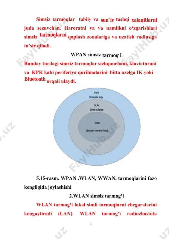 ri. 5.4-jadval. 5. ssid nomli wlan tarmogʻi simsiz tarmoqlarni tashkil qilganda simsiz komponentlar tegishli wlan tarmogʻiga ulanishlari kerak.buning uchun ssid texnologiyasiga xizmat qiluvchi qator identifikatorlar yigʻmasi kerak boʻladi. ssid –bu harflar va raqamlar qatorlaridan 32 uzunlikdagi belgiga ega boʻlgan registrlarli tarmoqni ismi.. bu identifikator wlan tarmogʻida uzatiladigan hamma kadrlarni sarlavhasida uzatiladi. identifikator ssid simsiz qurilmalarga qaysi wlan tarmogʻiga tegishli ekanligini va qaysi qurilmalar bilan bogʻlanganligini aytib beradi. wlan tarmogʻini turiga qaramasdan hamma simsiz qurilmalar umumiy ssid, identifikatoriga ega boʻlishlari kerak. wlan tarmogʻini oʻrnatish uchun ikkita oʻrnatish usuli qoʻllaniladi: maxsus (ad-hoc) va infrastrukturali rejimlar. maxsus rejim (ad-hoc). eng oddiy tarmoq ikkita va undan koʻproq kliyentlarni bitta rangli (sathli) tarmoqqa birlashtirish orqali tashkil etiladi. buni maxsuslashtirilgan tarmoq deyiladi va bunda biron boshqa kirish nuqtasi yoʻq. hamma kliyentlar maxsuslashgan tarmoqni ichida birxil huquqga ega. bu esa tarmoq qurilmalari orasida qoʻshimcha sarf- xarajatsiz maʼlumotlari almashuvi tashkil etishga imkon beradi. infrastrukturali rejim. katta sathdagi tarmoqlarda …