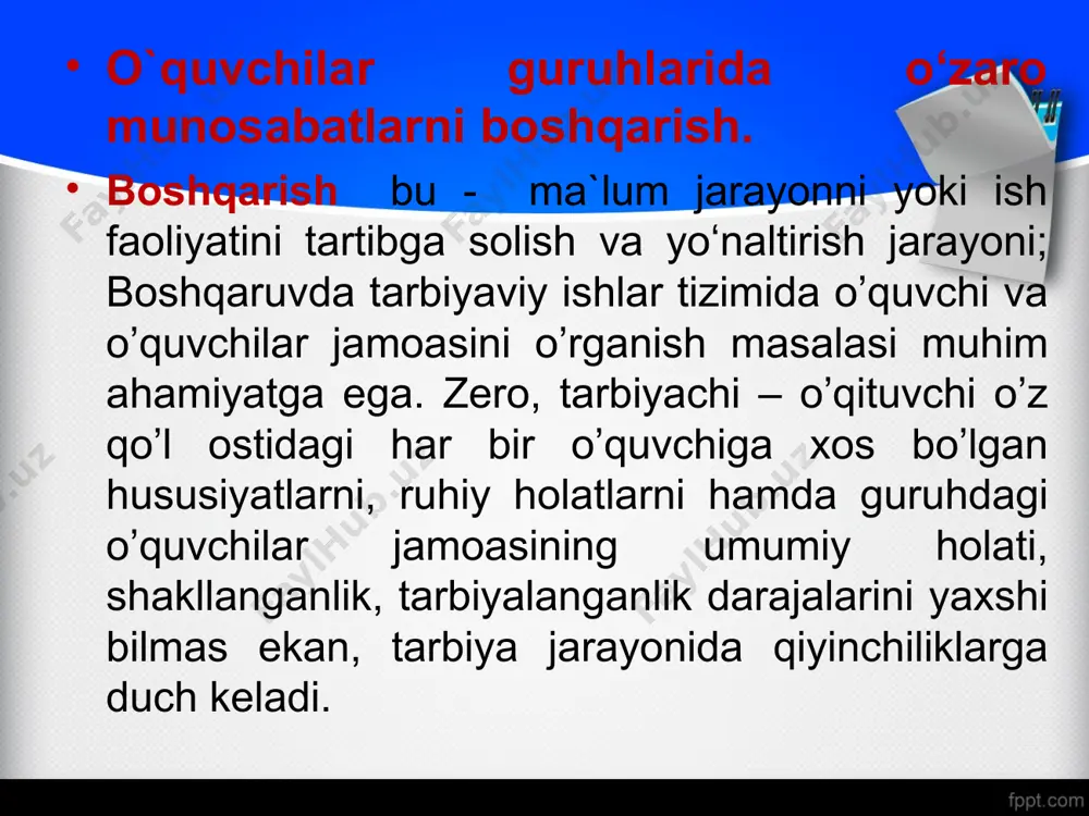 iqotchi l.i.navikova uzoq muddat davomida olib borgan ilmiy – tadqiqot ishlarining natijasiga asoslangan holda o’quvchilar jamoasining shakllanish va rivojlanish darajasini shartli ravishda to’rt bosqich bo’ladi. birinchi bosqich – hali jamoa tusini olmagan bo’lib, ta’lim muassasasida aniq va belgilangan kun tartibiga amal qilinishi, pedagogik ta’sirlarning natijasida asta – sekinlik bilan uyushib boradi va keyinchalik jamoa shaklini oladi. buning boisi shundaki, maktabga yangi kelgan o’quvchilar bir – birlarini yaxshi bilishmaydilar qolaversa, ular turli oilaning farzandlari hamda turlicha hususiyatga egadirlar. ikkinchi bosqichda – ta’lim muassasasining talablari ortib borishi, pedagogik ta’sirlarning uzluksiz va izchil holda amalga oshirilishi, o’quvchilarning o’z – o’zini boshqarishga o’rganib borishlari, muhimi o’quvchilarning bir – birlarini yaqindan bilishlari, ta’lim – tarbiyaviy faoliyatlarni birgalikda bajarishlari tufayli jamoa rivojlanib boradi. uchunchi bosqich – bu davrga kelganda o’quvchilar o’rtasida uyushqoqlik takomillashadi, ular o’rtasida do’stlik – o’rtoqlik tarkib topadi, faoliyatlarni bajarishda bir – birlariga yaqindan yordamlashadilar, o’z – o’zini boshqarish jarayoni rivojlanadi. to’rtinchi bosqich – …