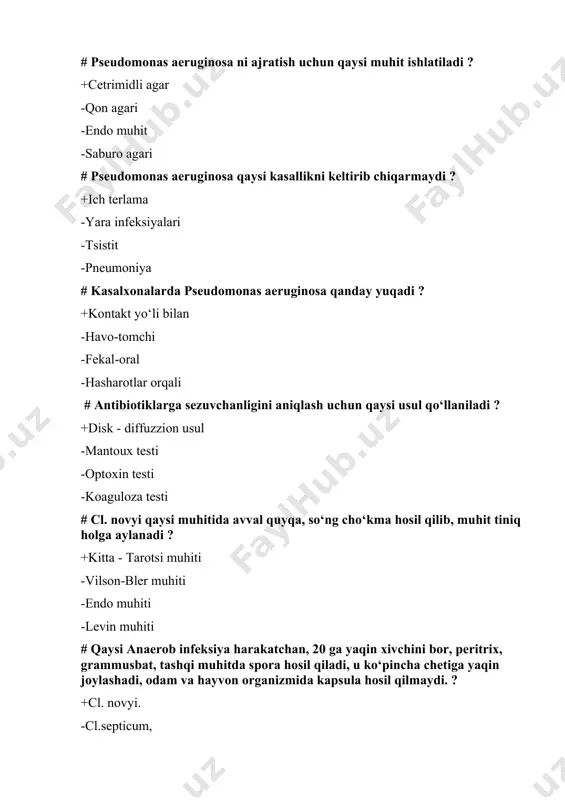 -3 soatdan so‘ng qanday rangli koloniyalar hosil qiladi ? +qora -qizil -oq -sariq # clostridiun pefringens qanday agarda silliq diskka o‘xshash yassi, kulrang, chetlari tekis s-koloniyalar hosil qiladi ? +qonli -gpa -qandli -sutli agar # cl.tetani h-antigeniga ko‘ra nechta serologik varyantga ega ? +10 -7 -20 -13 # cl.tetani sporalari tuproqda qancha saqlanadi ? +1 yil -20yil -150kun -100kun # qoqshol qo‘zg‘atuvchisining asosiy manbalari qaysi ? +hayvon va odamlar -suv -havo -qumli yer # qoqshol qo‘zg‘atuvchisining ekzotaksini qaysi nerv markaziga tasir etadi ? +harakatlantiruvchi nerv -quzg‘atuvchi nerv yuliga -uzunchoq miya markaziga -aksonga # qoqshol kasalligining yashirin davri qancha ? +4 - 14 -21-25 -15-30 -50-60 # tekshirilayotgan materialda qoqshol ekzotoksinni aniqlash uchun qanday sinama qo‘llaniladi ? +biologik sinama -kimyoviy -fizik -alternativ -gistologik # patogen klostridiylaring barchasi qanday toksin hosil qiladi ? +ekzotoksin -dermatoksin -neyroaminidaza -gialurinidaza # qoqshol qo‘zg‘atuvchisining loticha nomi ? +cl. tetani -cl.novi -cl.boidi -cl.botulin # cl.tetani qanday muhitda …